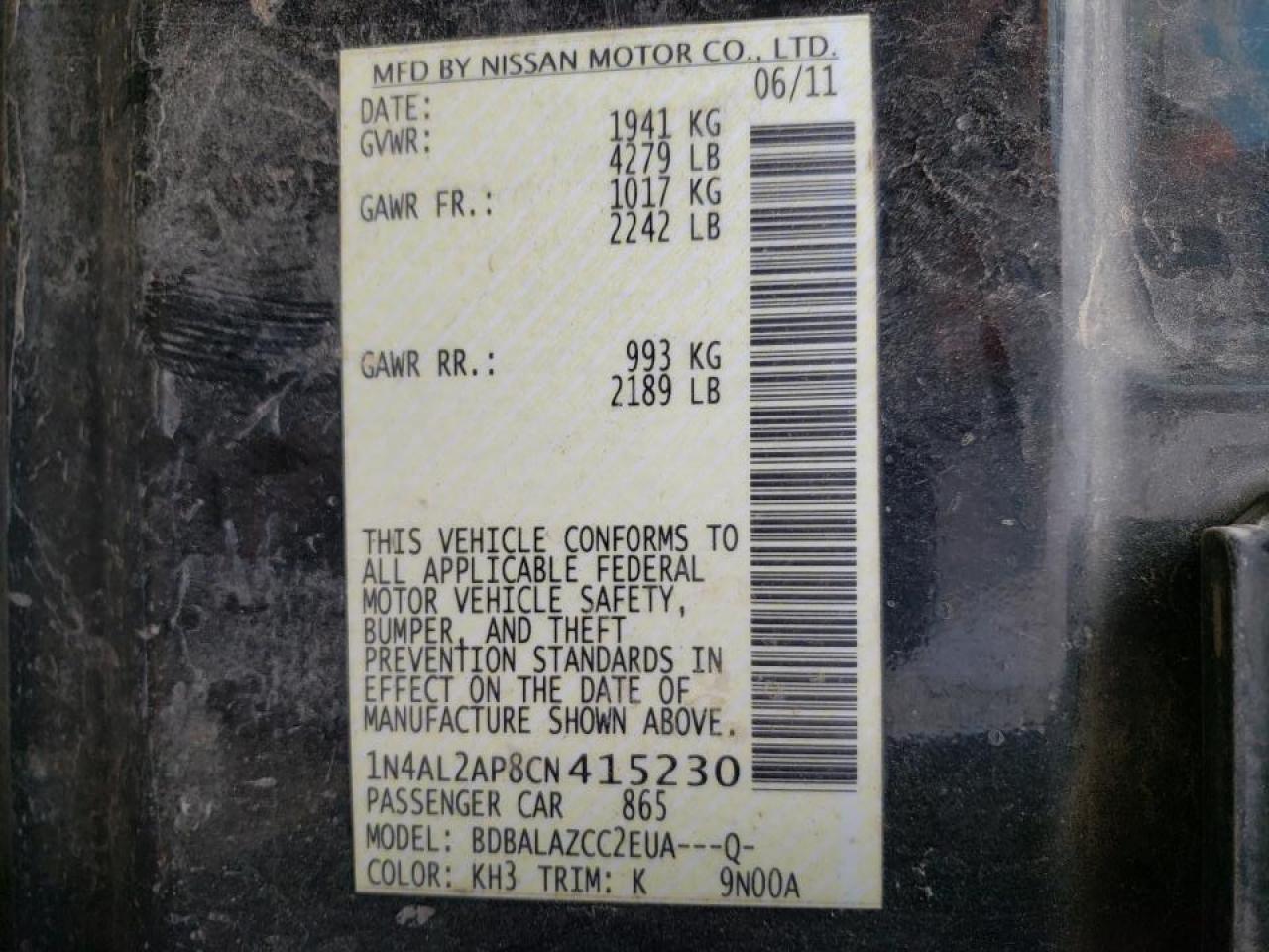 Photo 10 from auction – 2012 NISSAN ALTIMA BAS with VIN 1N4AL2AP8CN415230