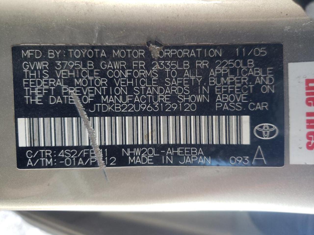 Photo 10 from auction – 2006 TOYOTA PRIUS with VIN JTDKB22U963129120