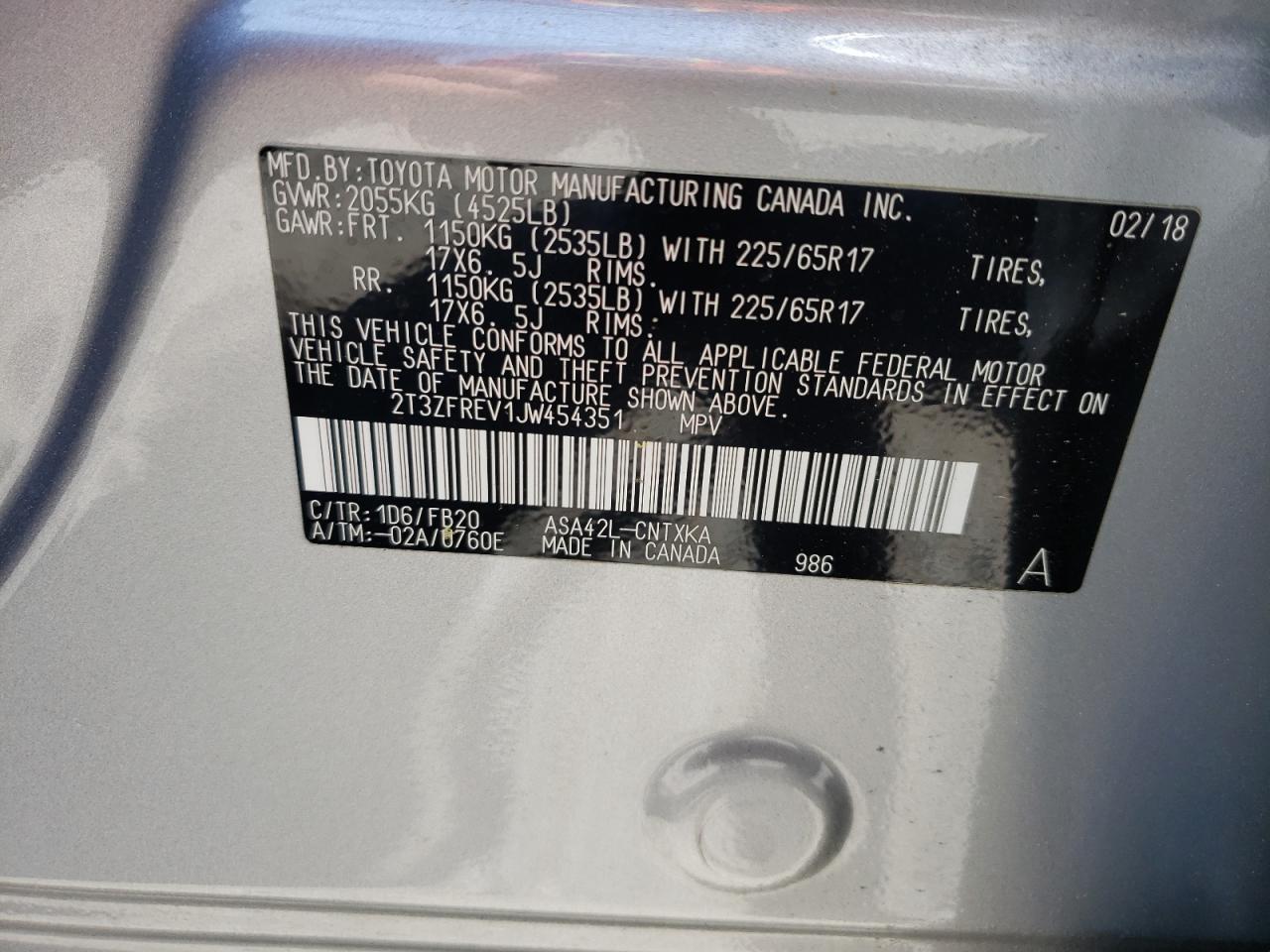 Photo 10 from auction – 2018 TOYOTA RAV4 LE with VIN 2T3ZFREV1JW454351