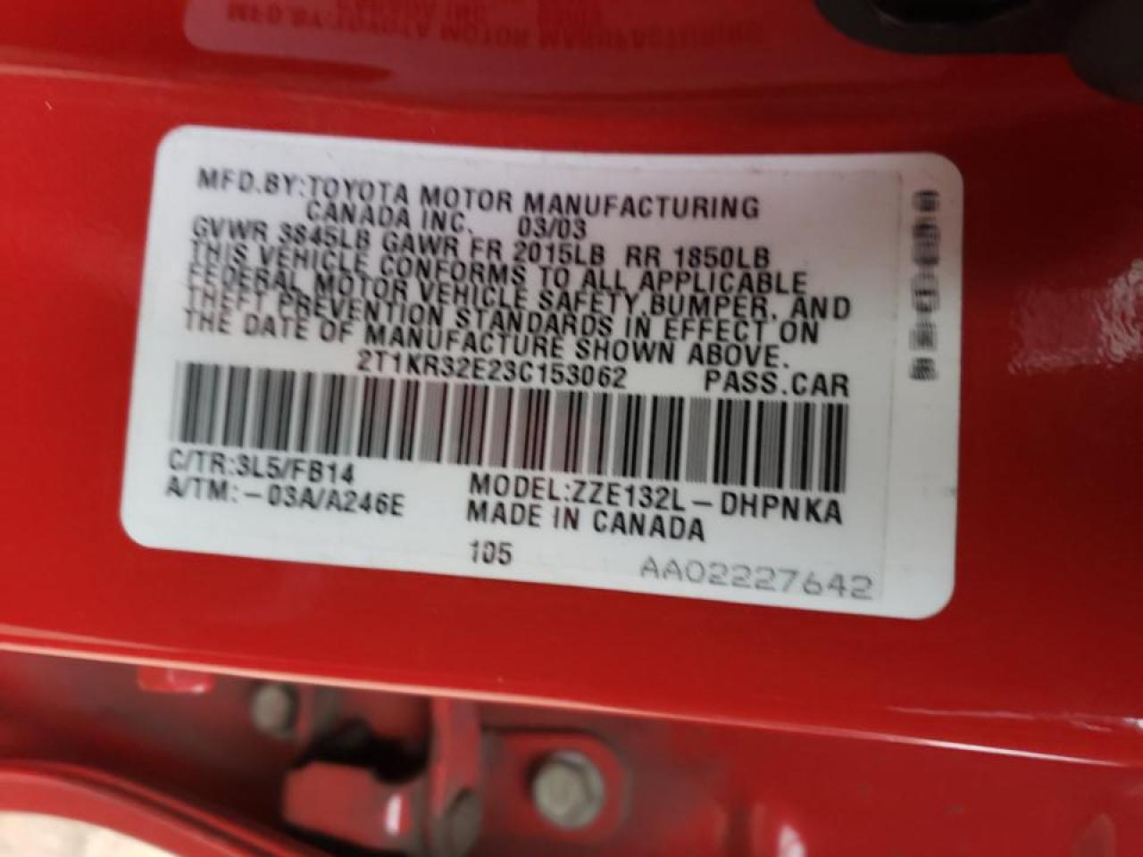 Photo 10 from auction – 2003 TOYOTA COROLLA MA with VIN 2T1KR32E23C153062