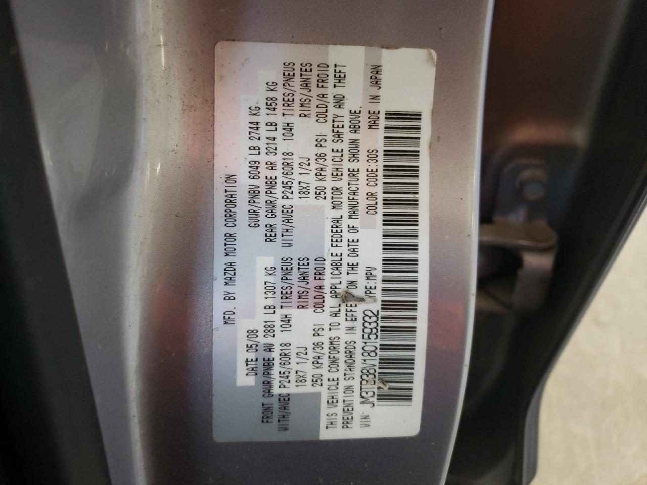 Photo 10 from auction – 2008 MAZDA CX-9 with VIN JM3TB38V180159332