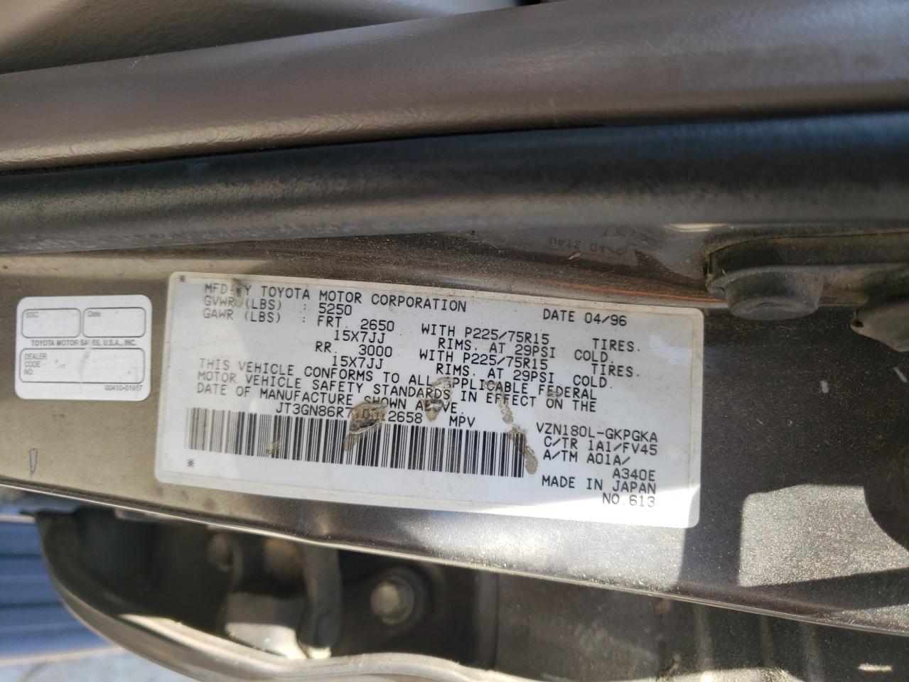 Photo 10 from auction – 1996 TOYOTA 4RUNNER SR with VIN JT3GN86R7T0012658