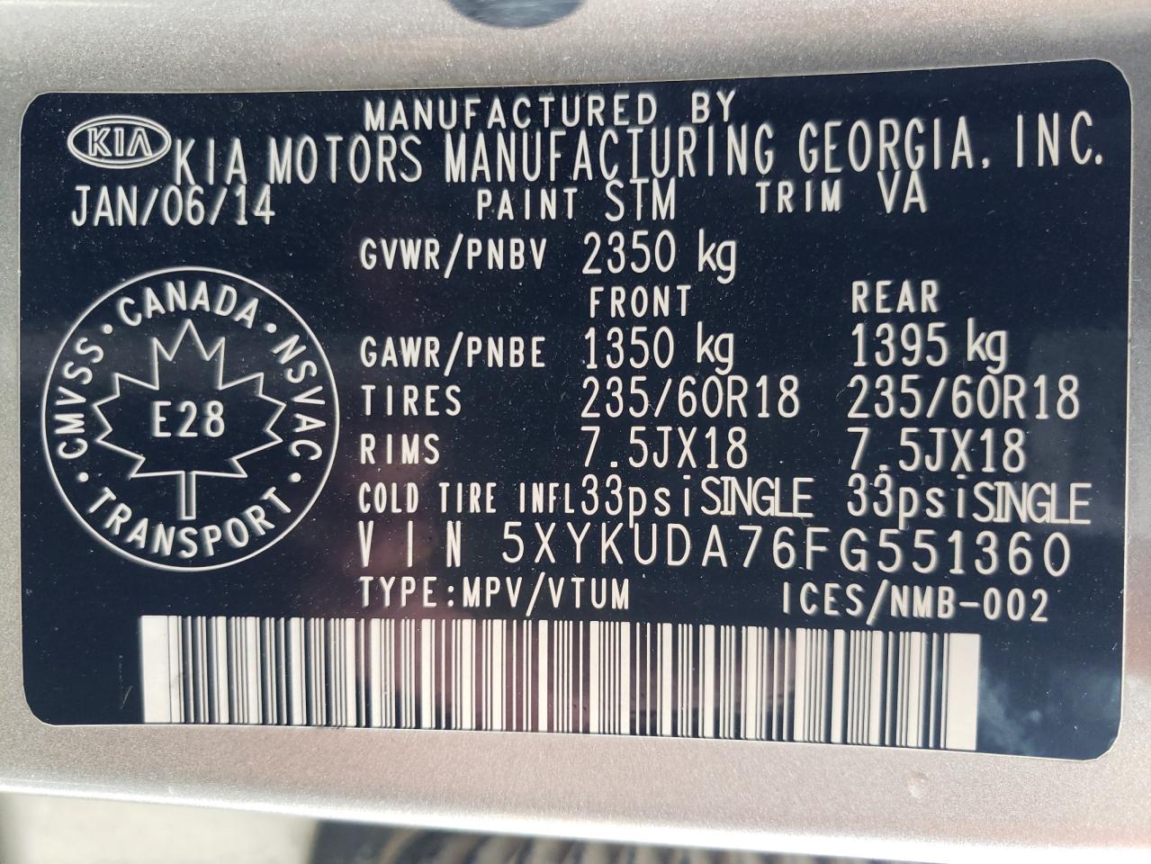 Photo 10 from auction – 2015 KIA SORENTO EX with VIN 5XYKUDA76FG551360