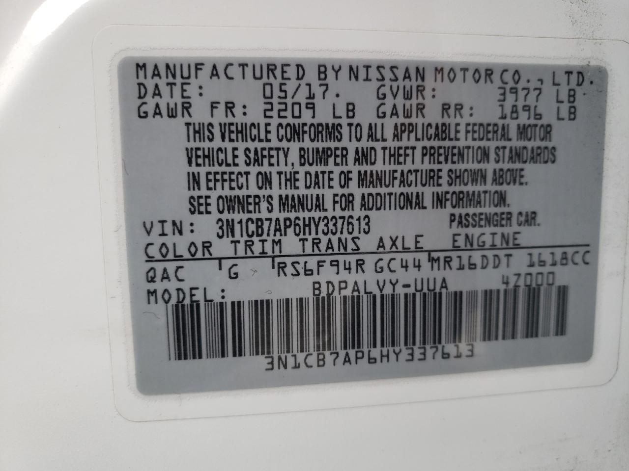 Photo 10 from auction – 2017 NISSAN SENTRA SR with VIN 3N1CB7AP6HY337613
