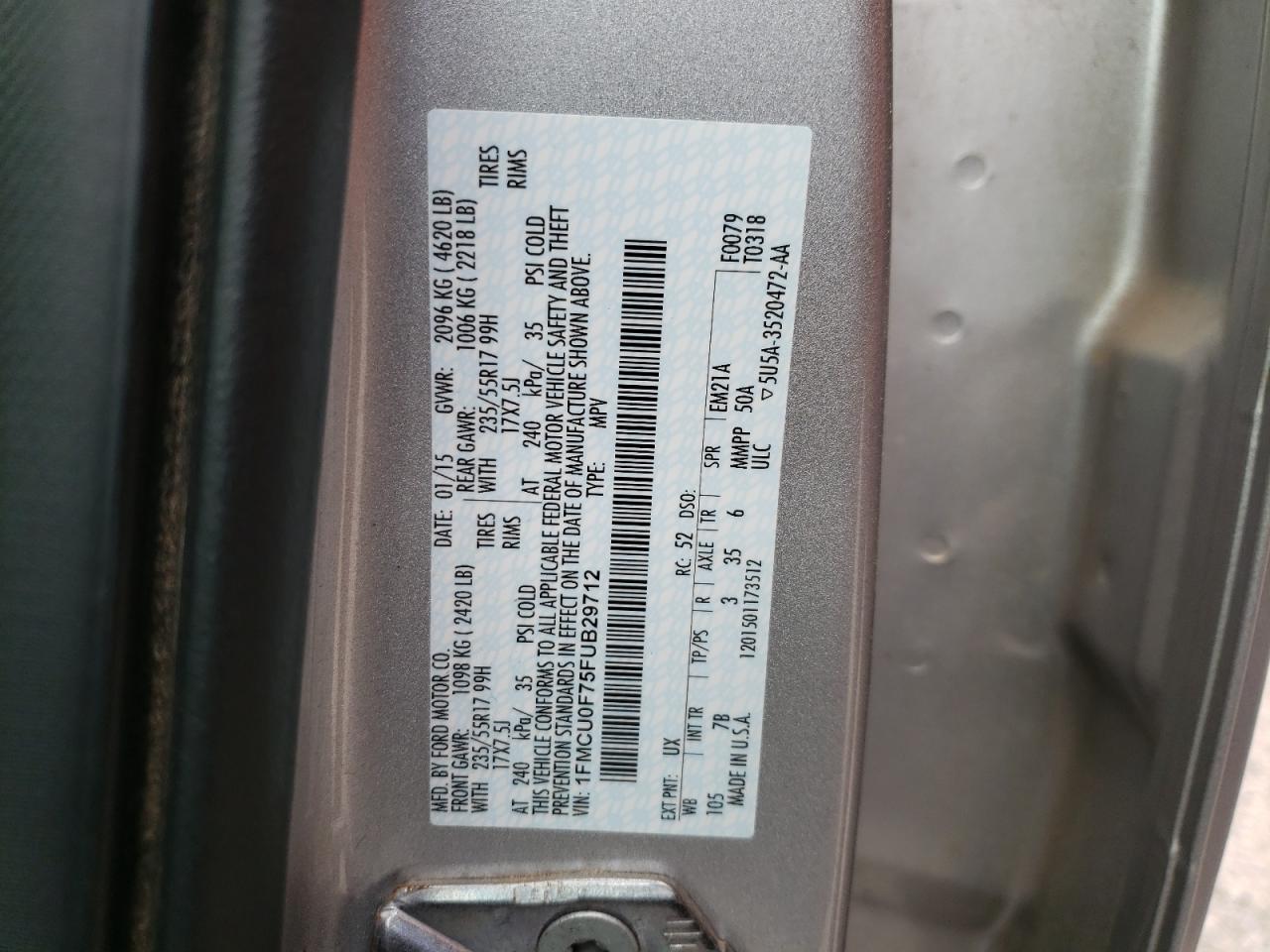 Photo 10 from auction – 2015 FORD ESCAPE S with VIN 1FMCU0F75FUB29712