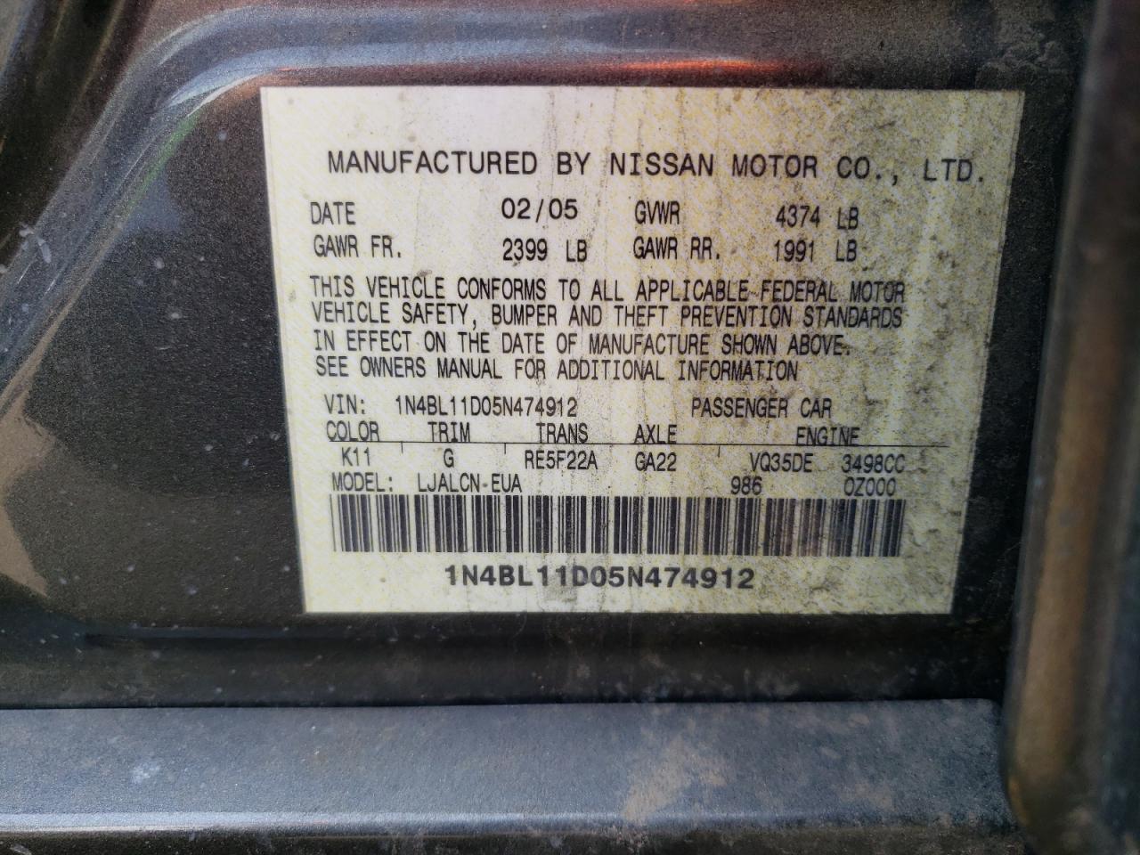 Photo 10 from auction – 2005 NISSAN ALTIMA SE with VIN 1N4BL11D05N474912