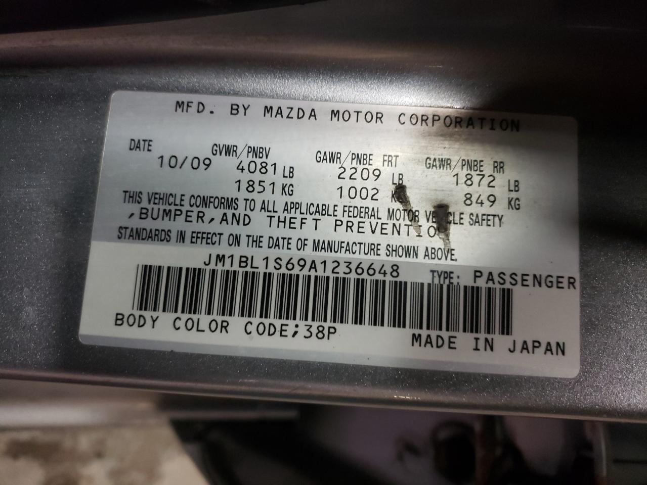 Photo 10 from auction – 2010 MAZDA 3 S with VIN JM1BL1S69A1236648