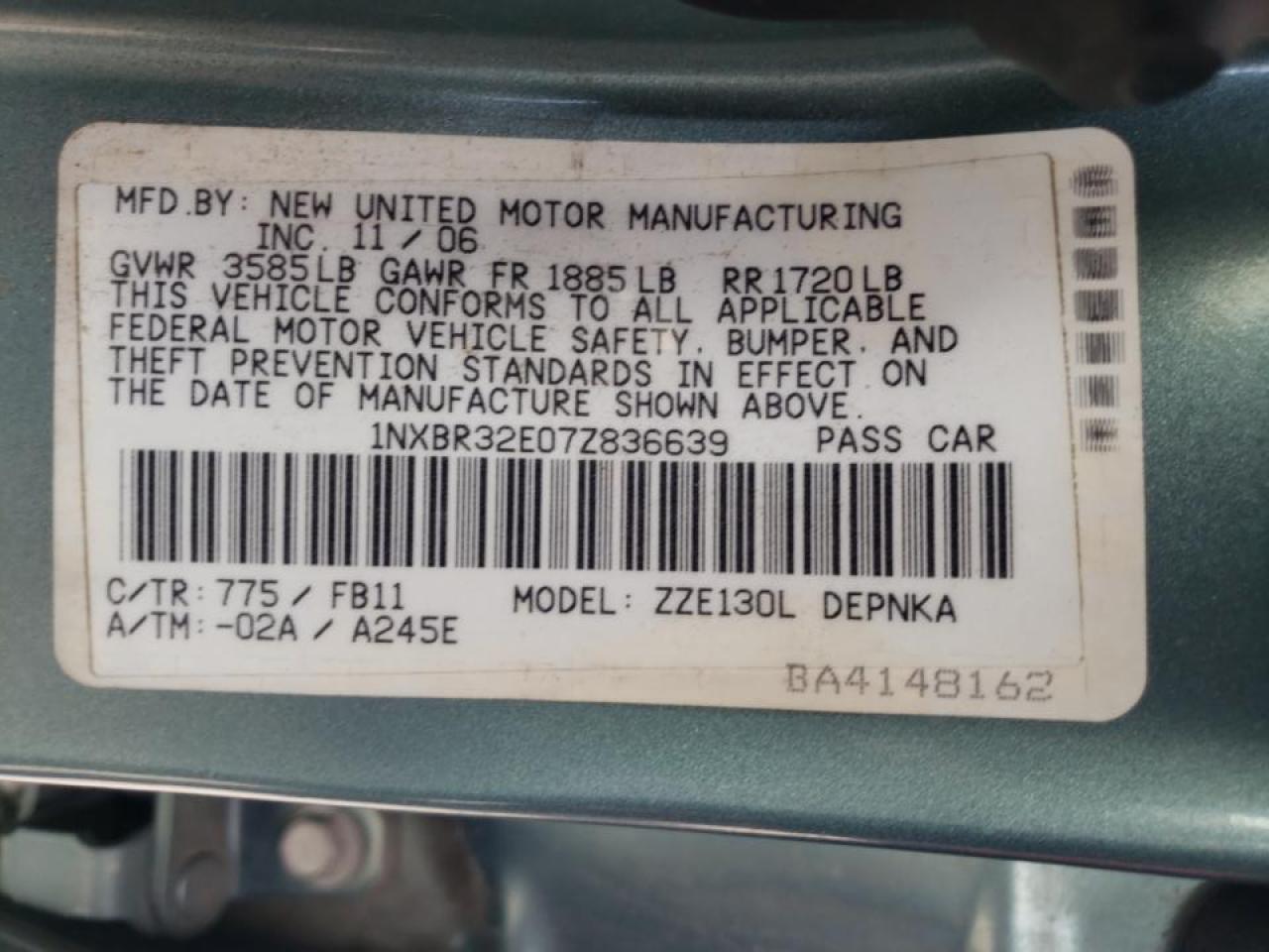 Photo 10 from auction – 2007 TOYOTA COROLLA CE with VIN 1NXBR32E07Z836639