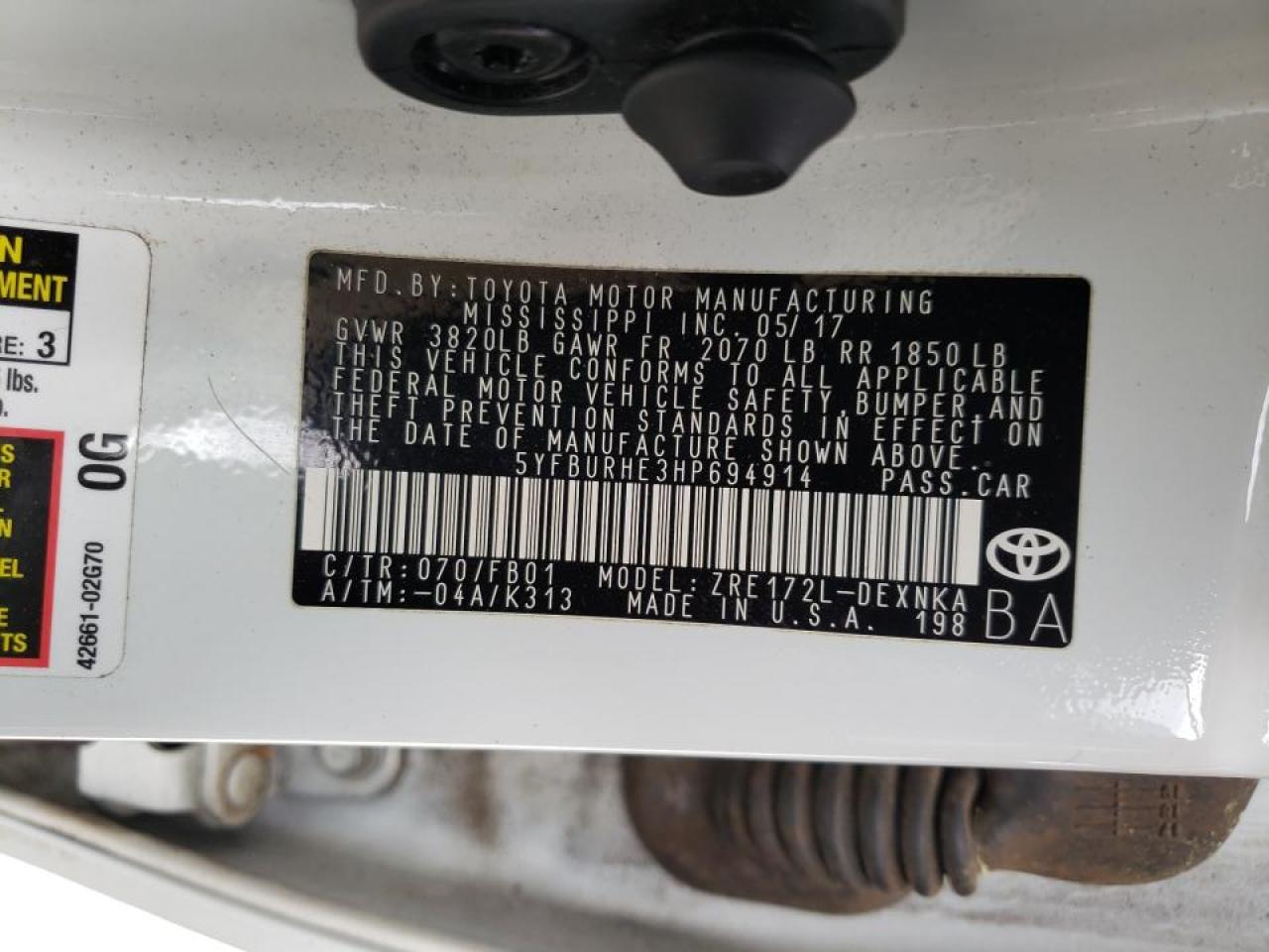 Photo 20 from auction – 2017 TOYOTA COROLLA L with VIN 5YFBURHE3HP694914