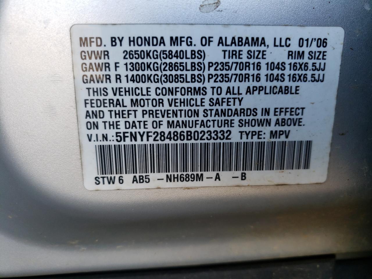 Photo 10 from auction – 2006 HONDA PILOT EX with VIN 5FNYF28486B023332