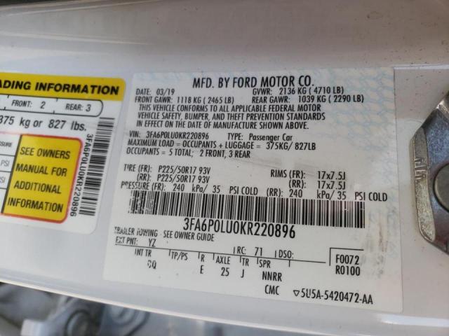 Photo 10 from auction – 2019 FORD FUSION SE with VIN 3FA6P0LU0KR220896