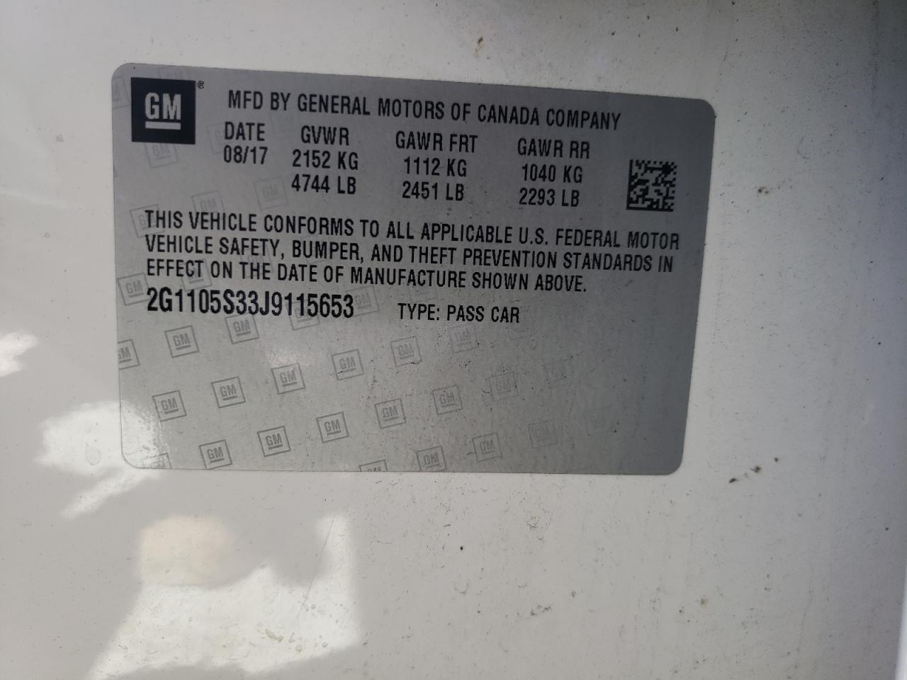 Photo 11 from auction – 2018 CHEVROLET IMPALA LT with VIN 2G1105S33J9115653