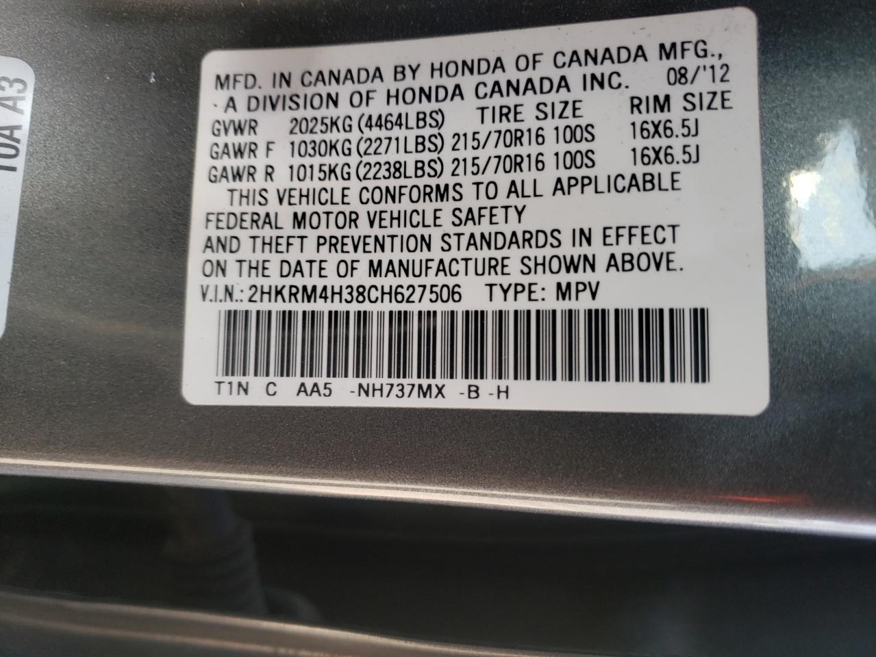 Photo 10 from auction – 2012 HONDA CR-V LX with VIN 2HKRM4H38CH627506