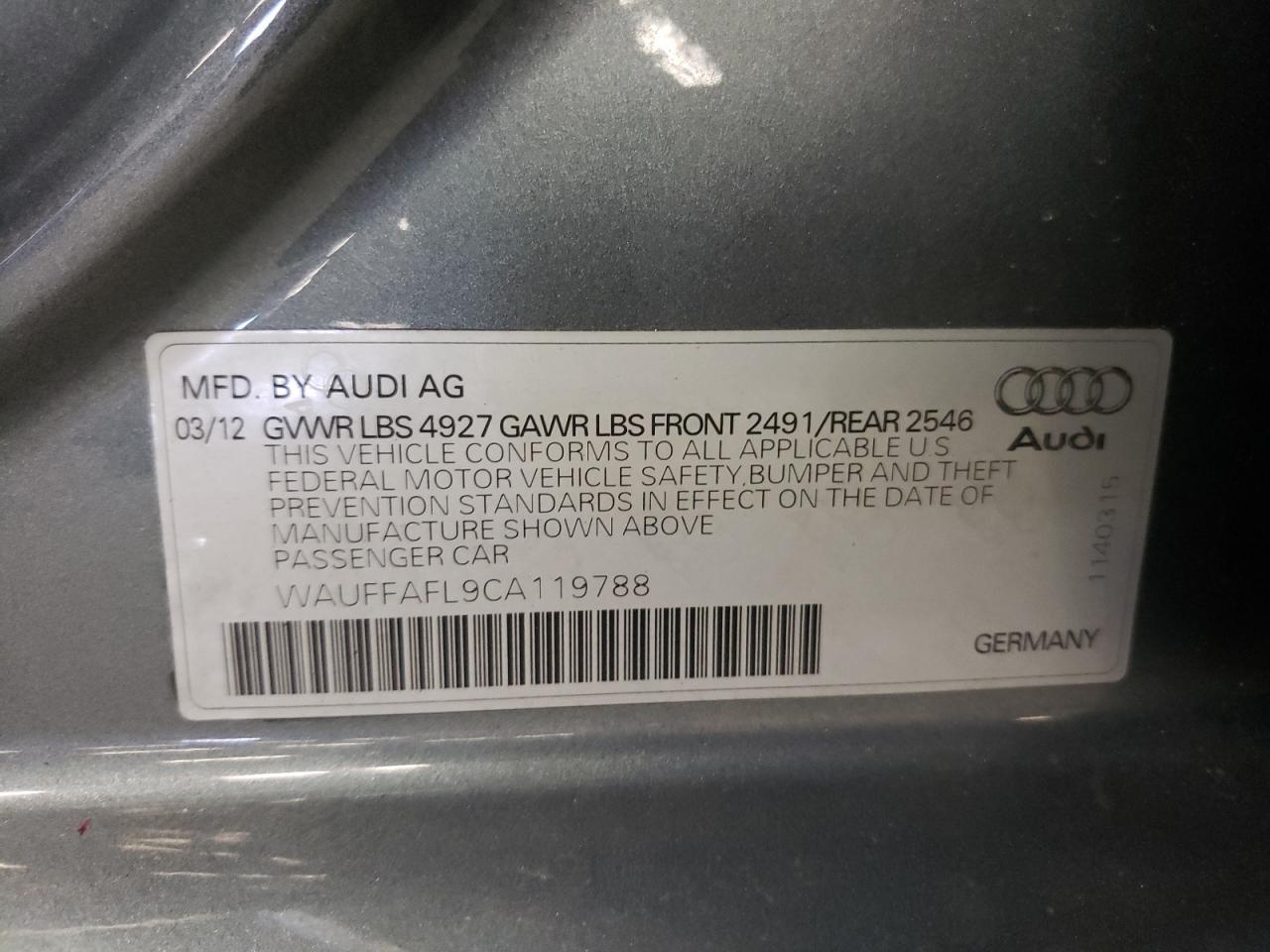 Photo 10 from auction – 2012 AUDI A4 PREMIUM with VIN WAUFFAFL9CA119788