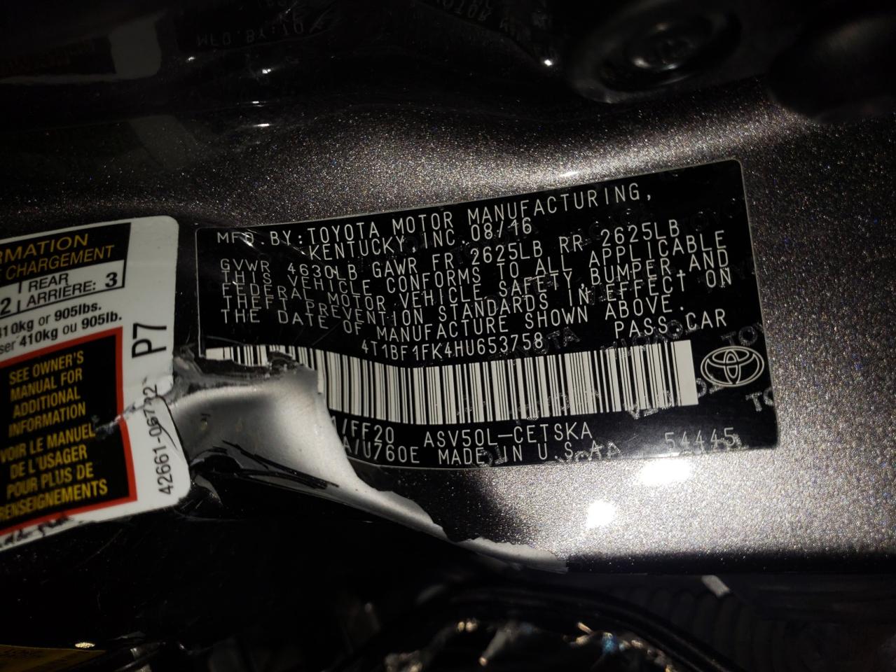 Photo 10 from auction – 2017 TOYOTA CAMRY LE with VIN 4T1BF1FK4HU653758