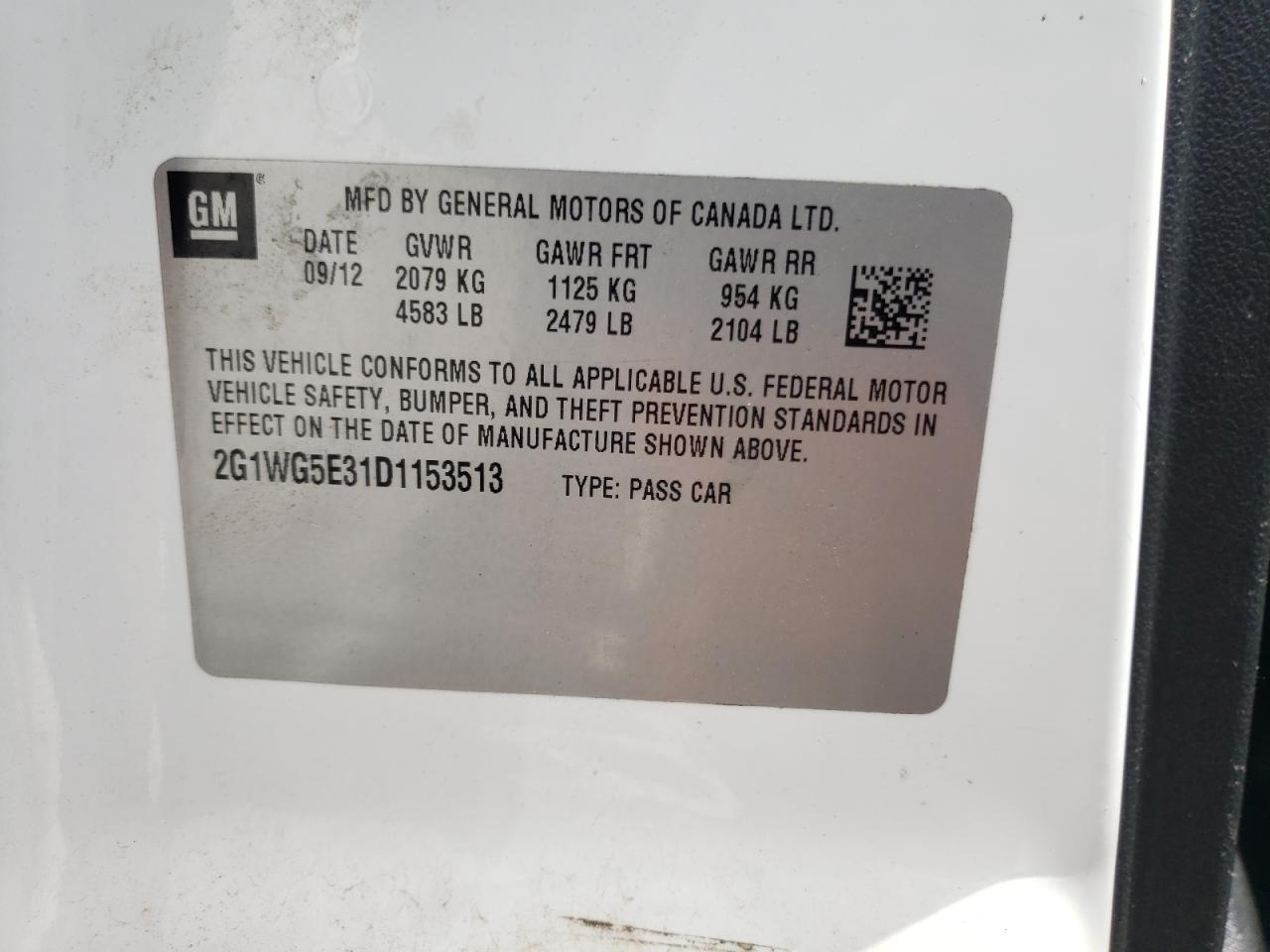 Photo 10 from auction – 2013 CHEVROLET IMPALA LT with VIN 2G1WG5E31D1153513