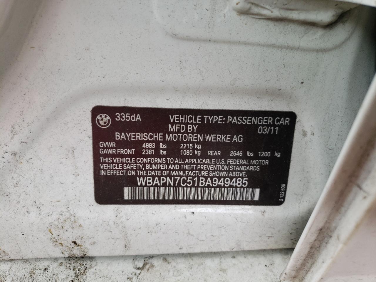 Photo 10 from auction – 2011 BMW 335 D with VIN WBAPN7C51BA949485