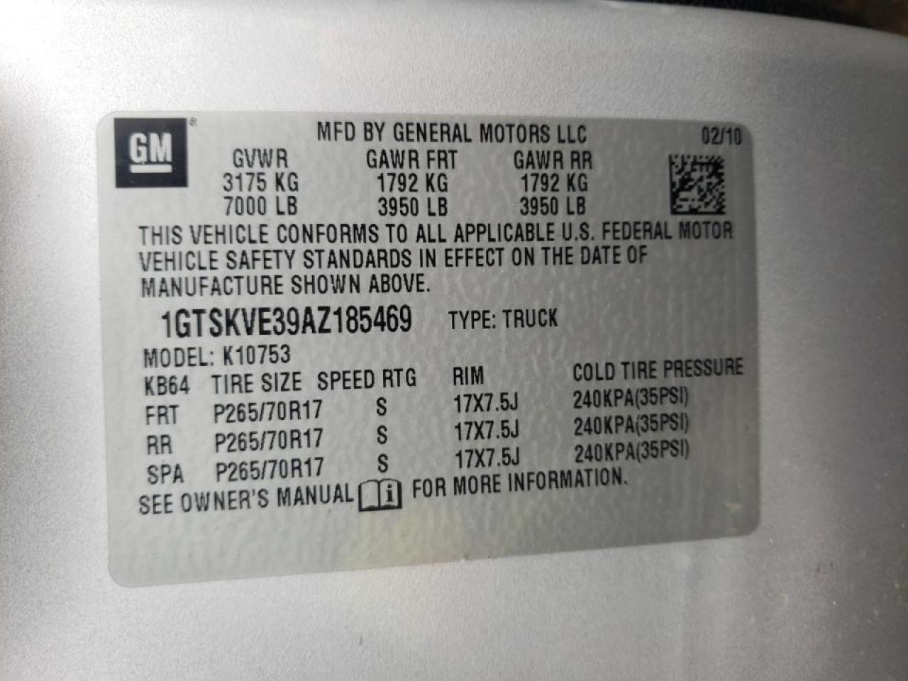 Photo 10 from auction – 2010 GMC SIERRA K15 with VIN 1GTSKVE39AZ185469