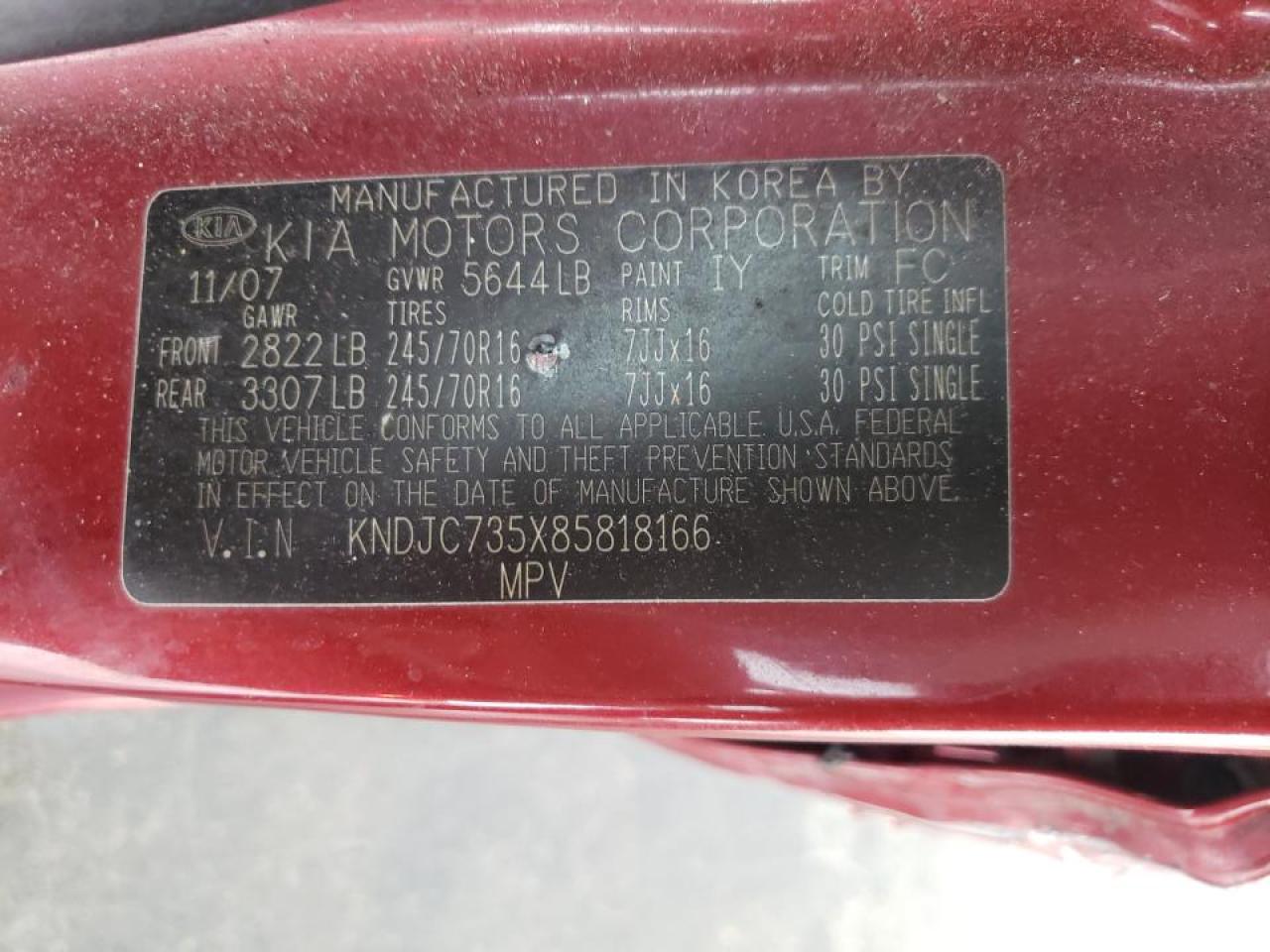 Photo 10 from auction – 2008 KIA SORENTO EX with VIN KNDJC735X85818166