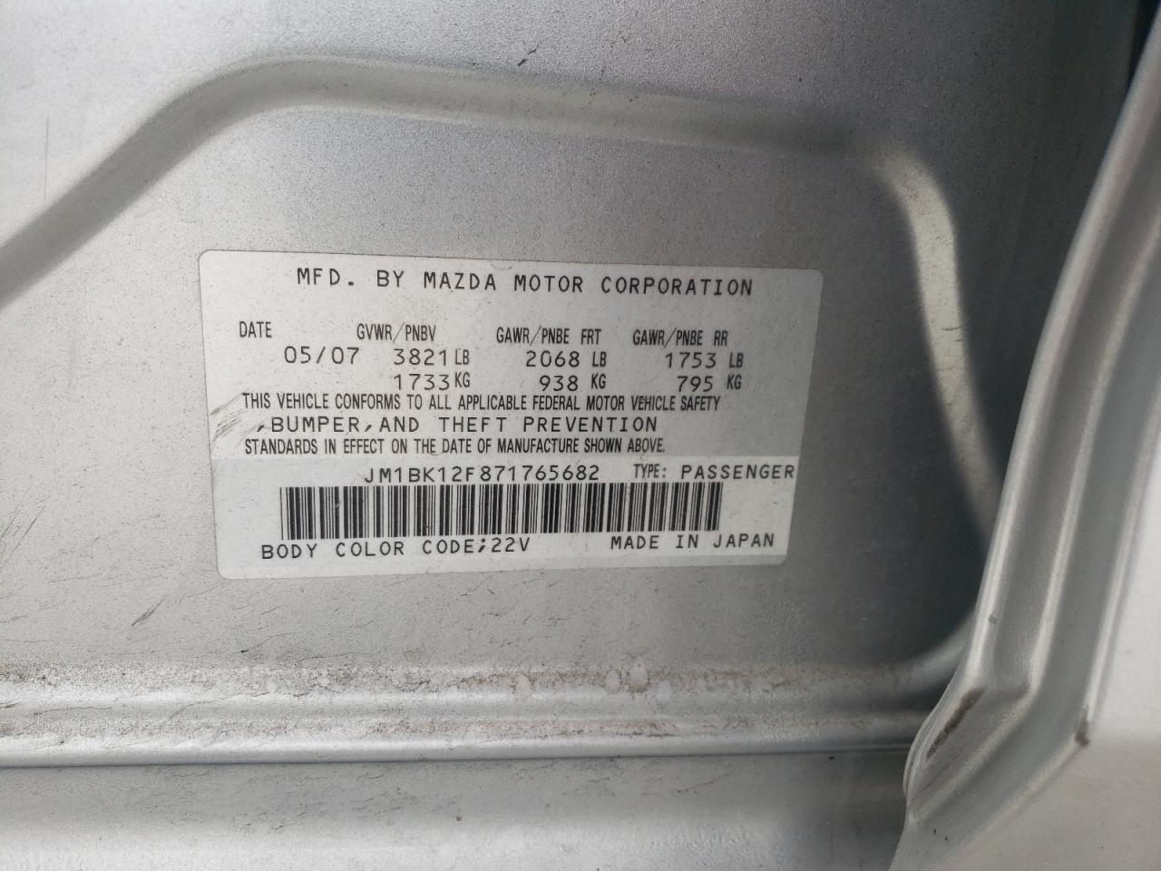 Photo 10 from auction – 2007 MAZDA 3 I with VIN JM1BK12F871765682