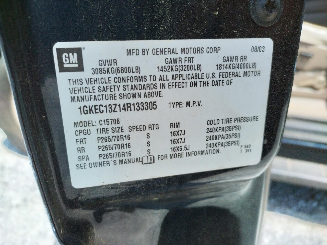Photo 10 from auction – 2004 GMC YUKON with VIN 1GKEC13Z14R133305