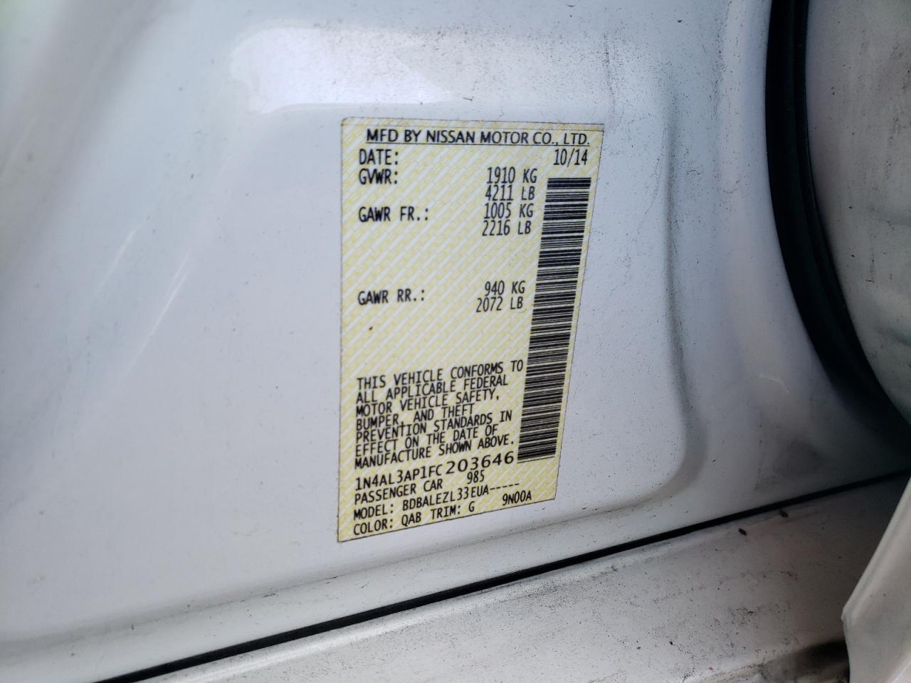 Photo 10 from auction – 2015 NISSAN ALTIMA 2.5 with VIN 1N4AL3AP1FC203646