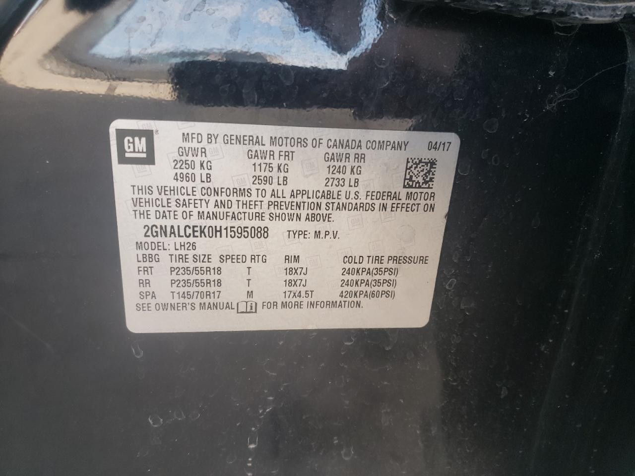 Photo 10 from auction – 2017 CHEVROLET EQUINOX LT with VIN 2GNALCEK0H1595088