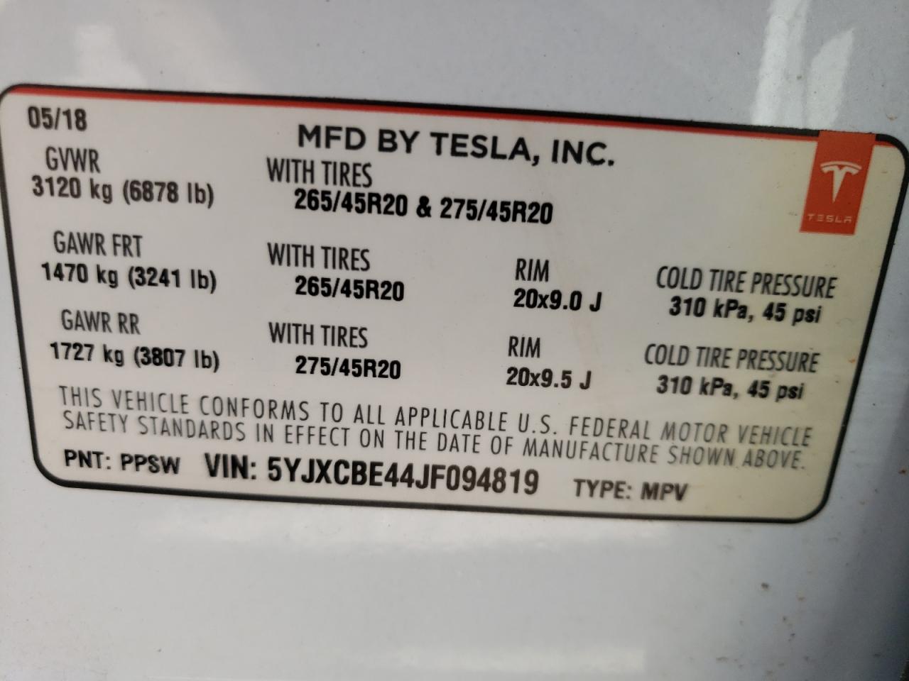 Photo 10 from auction – 2018 TESLA MODEL X with VIN 5YJXCBE44JF094819
