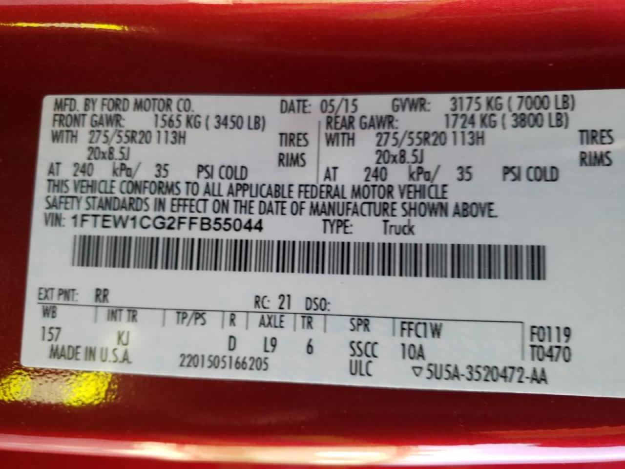 Photo 10 from auction – 2015 FORD F150 SUPER with VIN 1FTEW1CG2FFB55044