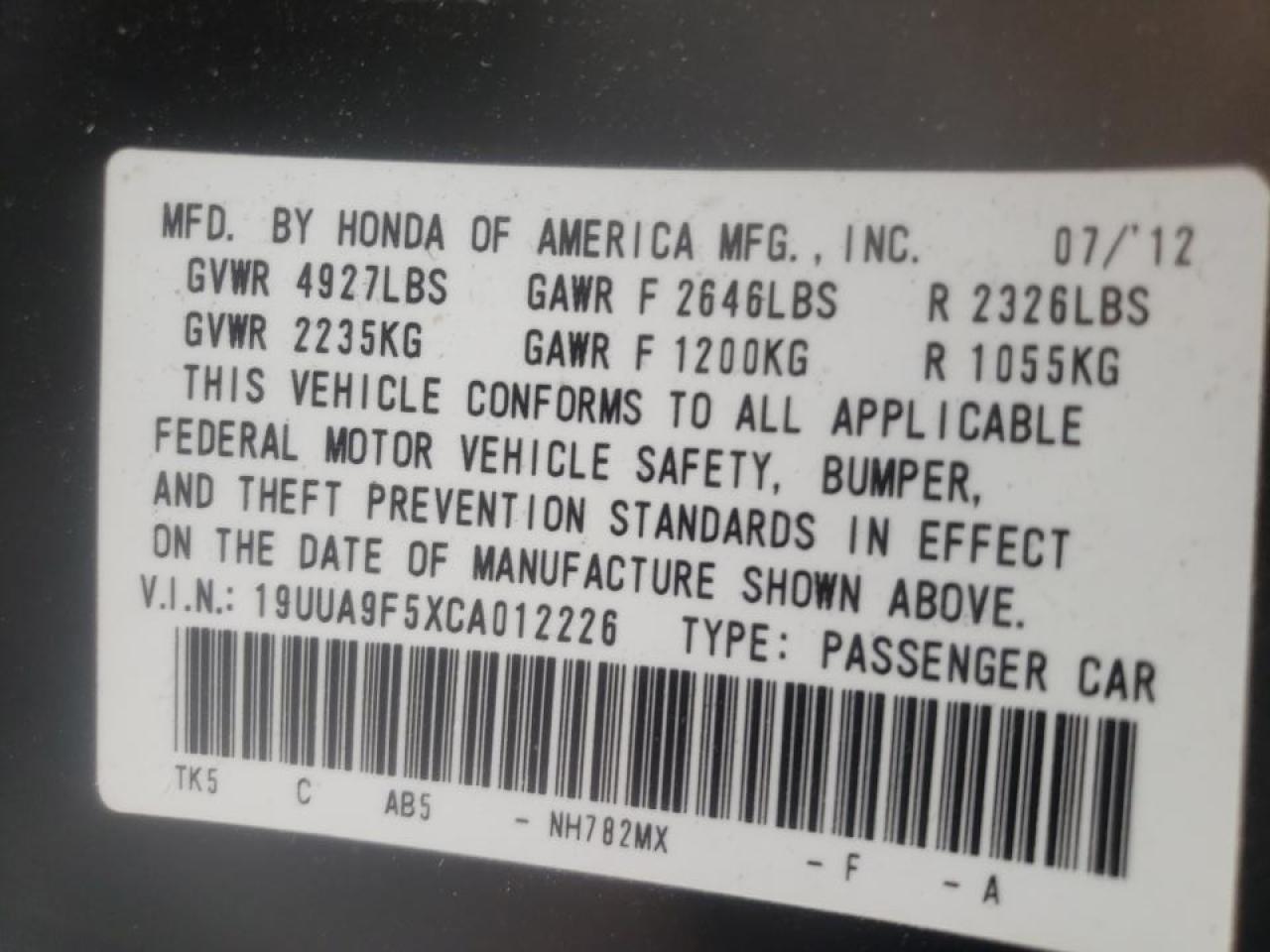 Photo 10 from auction – 2012 ACURA TL with VIN 19UUA9F5XCA012226