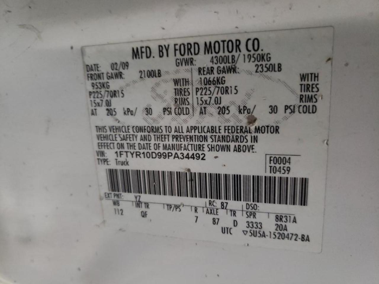 Photo 10 from auction – 2009 FORD RANGER with VIN 1FTYR10D99PA34492
