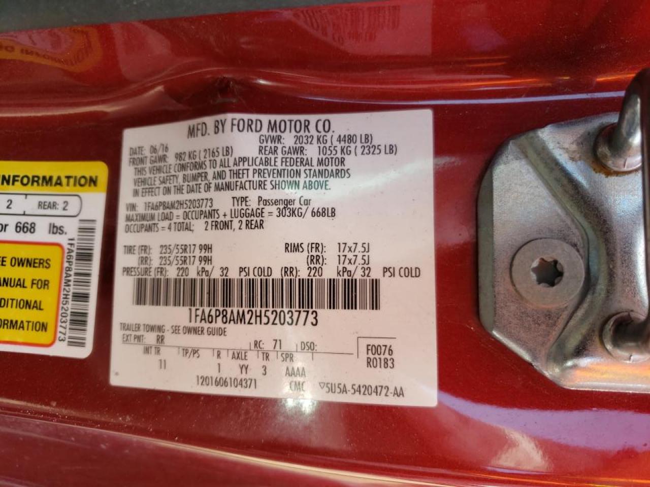 Photo 10 from auction – 2017 FORD MUSTANG with VIN 1FA6P8AM2H5203773