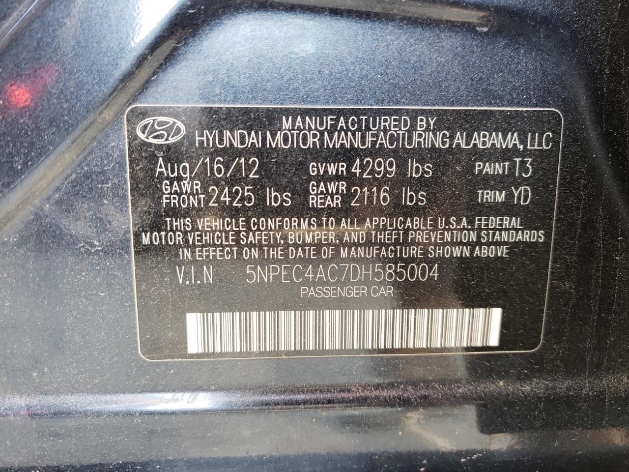 Photo 10 from auction – 2013 HYUNDAI SONATA SE with VIN 5NPEC4AC7DH585004