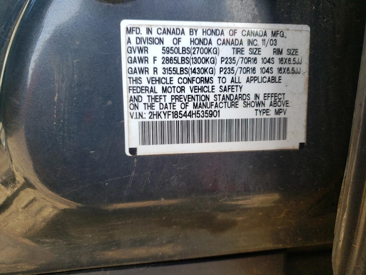 Photo 10 from auction – 2004 HONDA PILOT EXL with VIN 2HKYF18544H535901