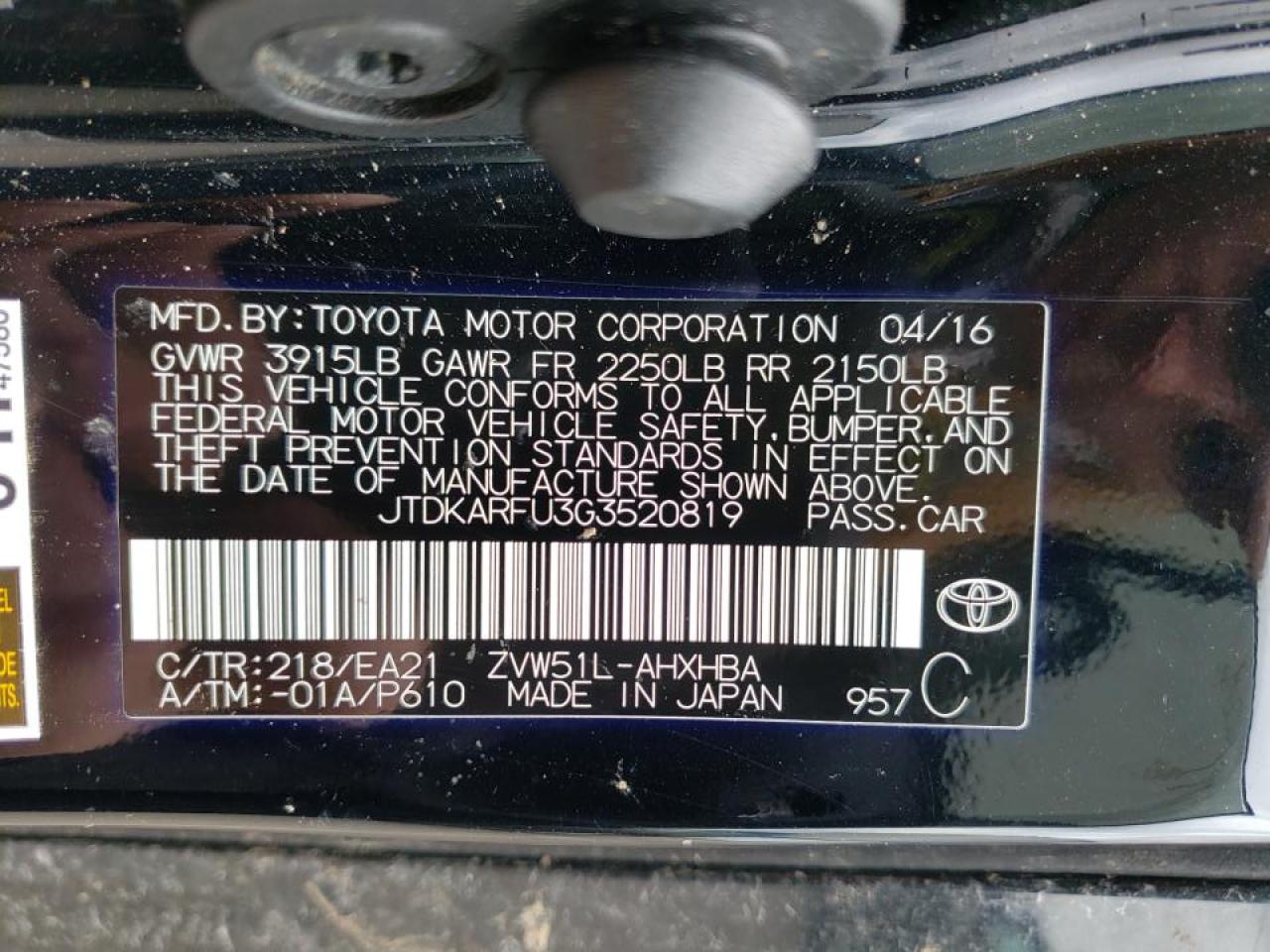 Photo 10 from auction – 2016 TOYOTA PRIUS with VIN JTDKARFU3G3520819