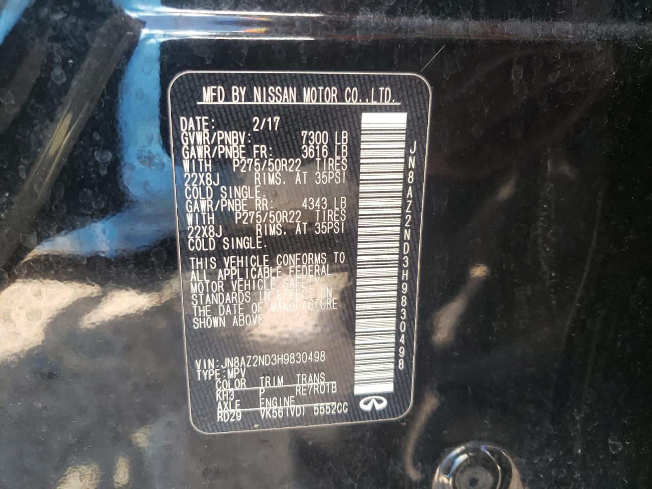 Photo 10 from auction – 2017 INFINITI QX80 BASE with VIN JN8AZ2ND3H9830498