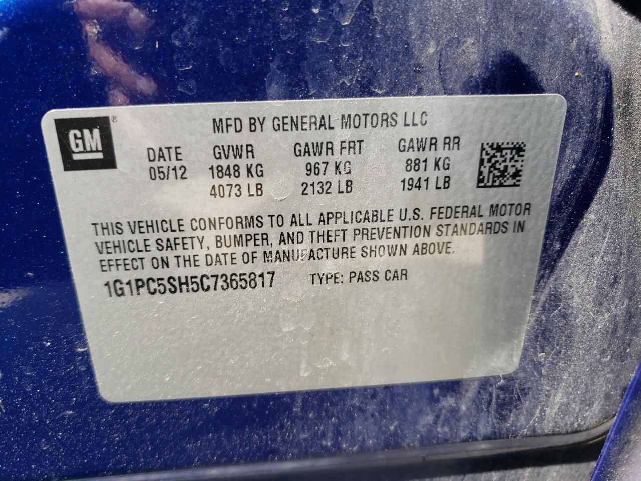 Photo 10 from auction – 2012 CHEVROLET CRUZE LS with VIN 1G1PC5SH5C7365817