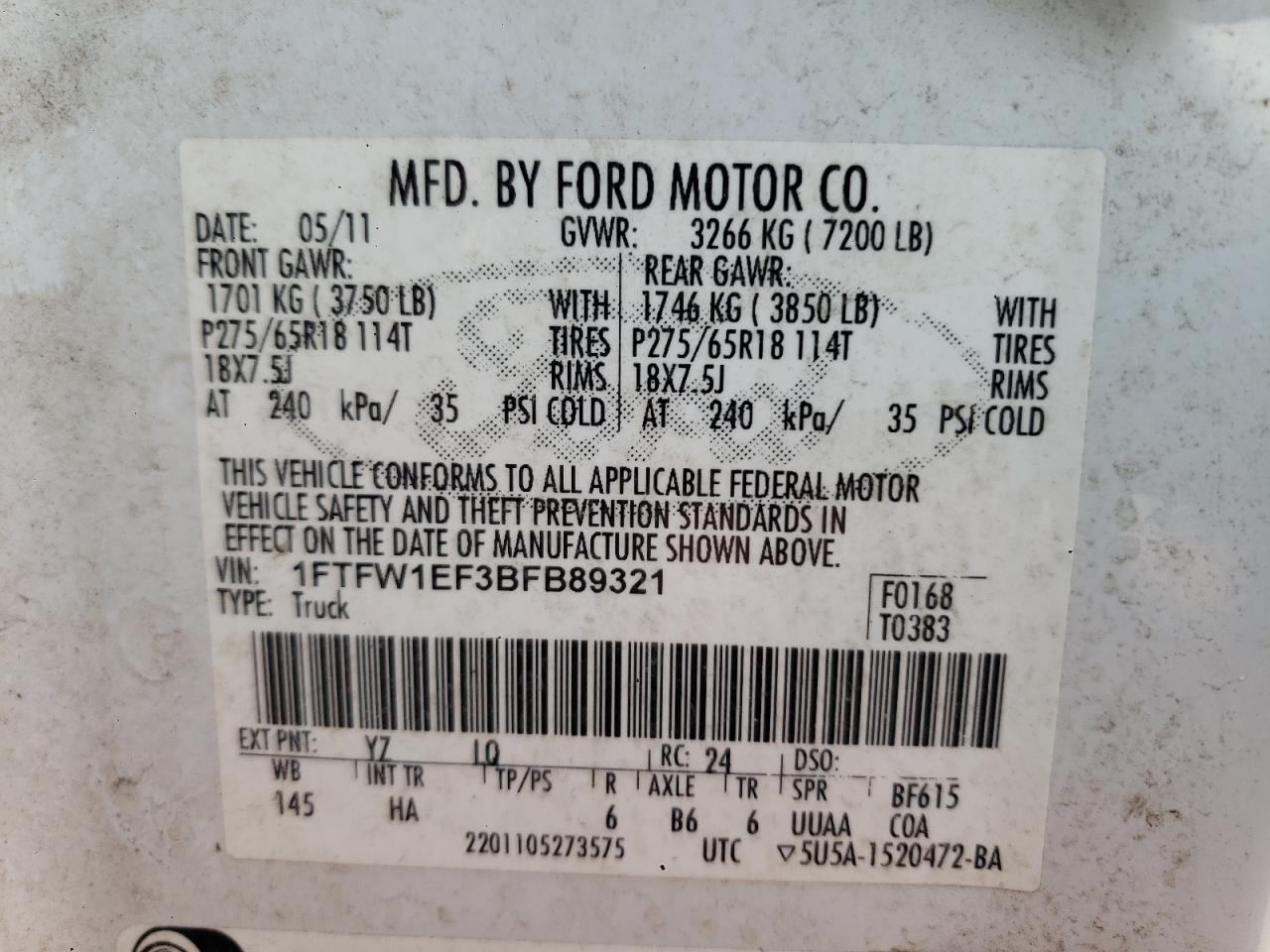 Photo 10 from auction – 2011 FORD F150 SUPER with VIN 1FTFW1EF3BFB89321