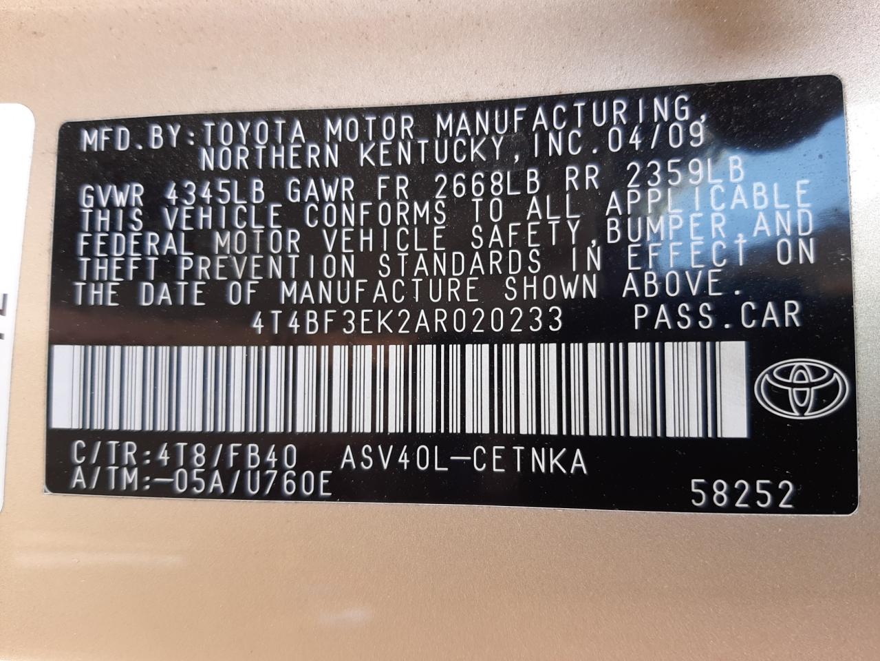 Photo 10 from auction – 2010 TOYOTA CAMRY BASE with VIN 4T4BF3EK2AR020233