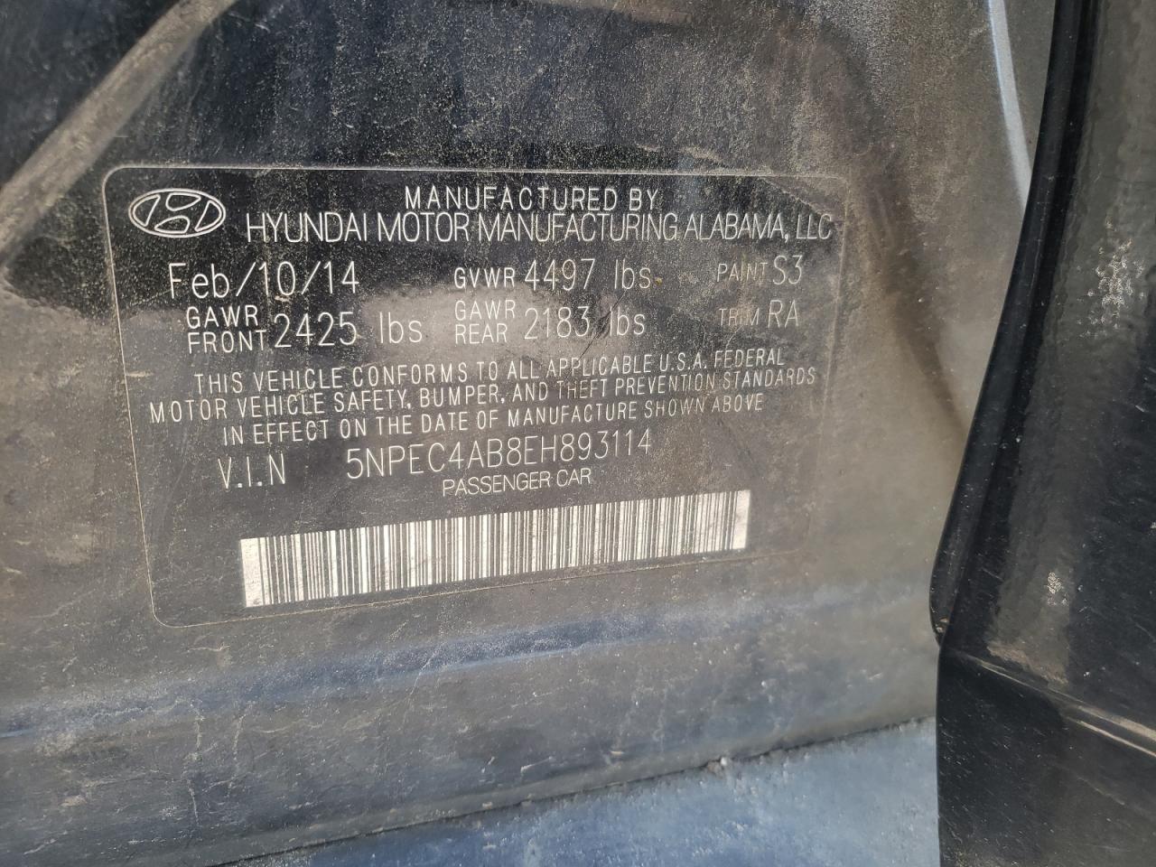 Photo 10 from auction – 2014 HYUNDAI SONATA SE with VIN 5NPEC4AB8EH893114