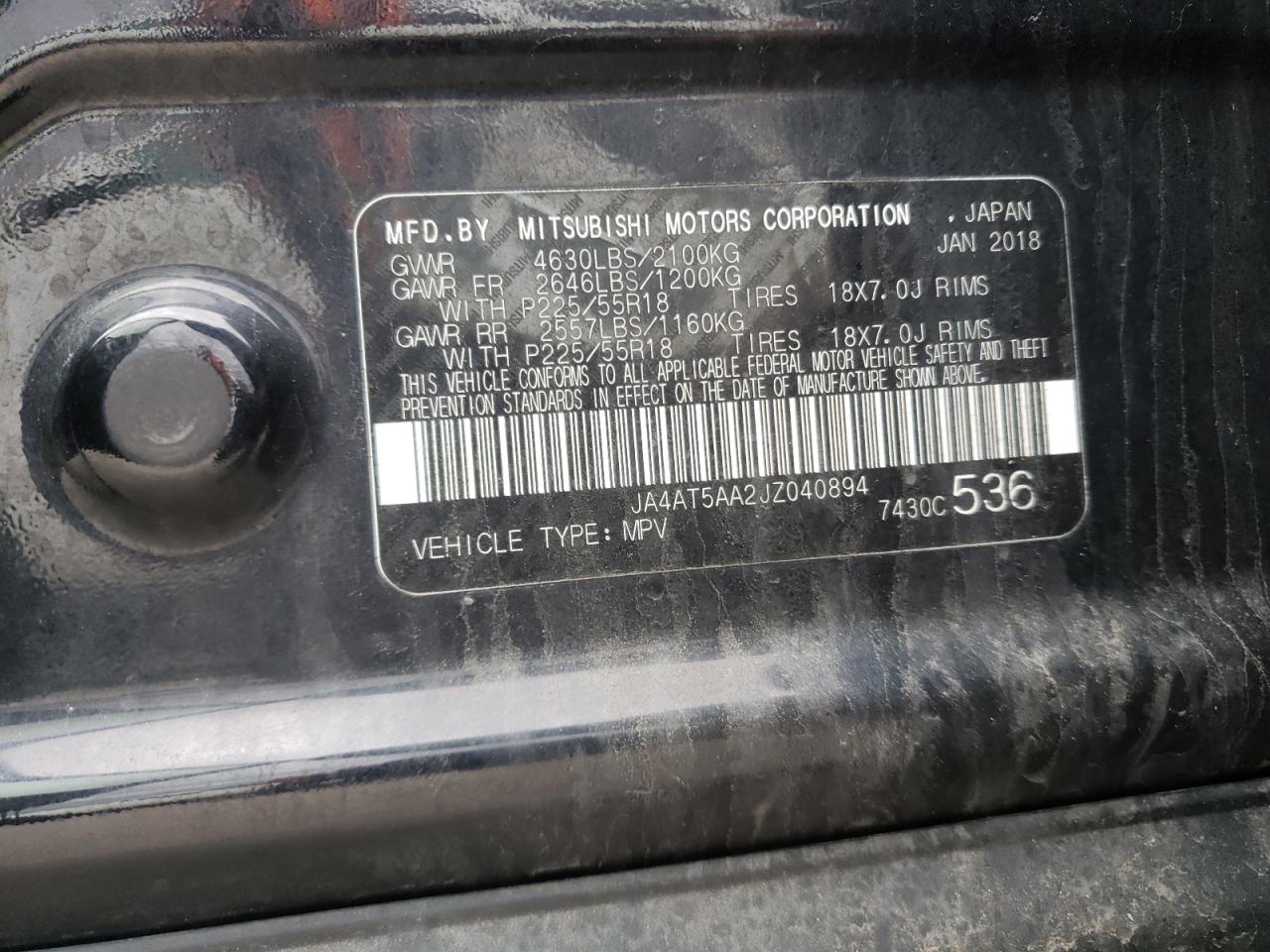 Photo 10 from auction – 2018 MITSUBISHI ECLIPSE CR with VIN JA4AT5AA2JZ040894