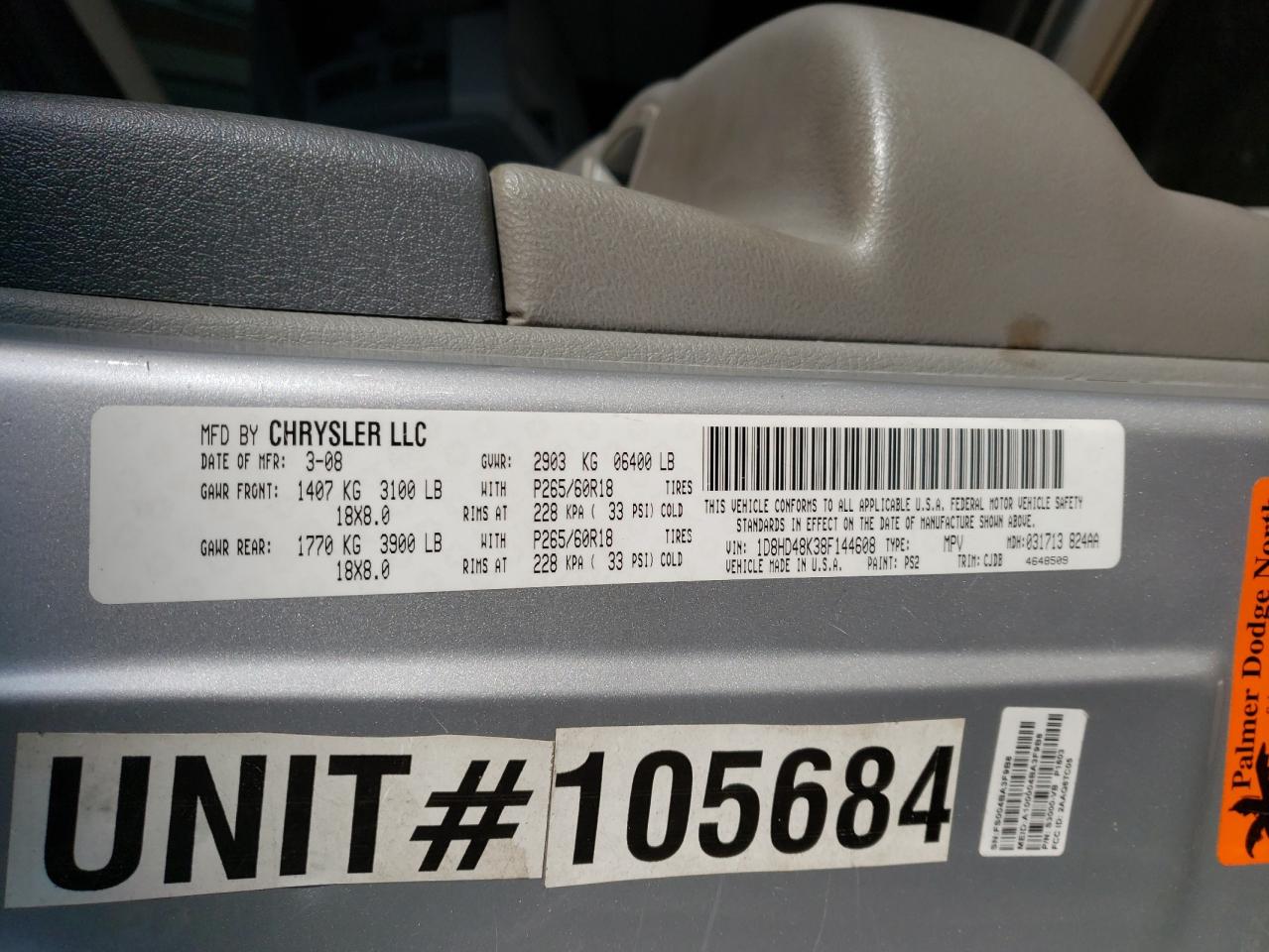 Photo 10 from auction – 2008 DODGE DURANGO SL with VIN 1D8HD48K38F144608