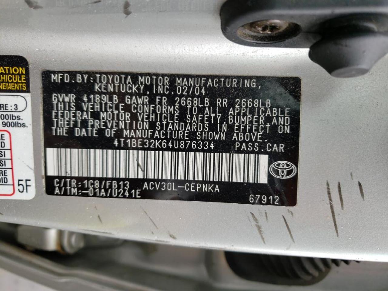 Photo 10 from auction – 2004 TOYOTA CAMRY LE with VIN 4T1BE32K64U876334