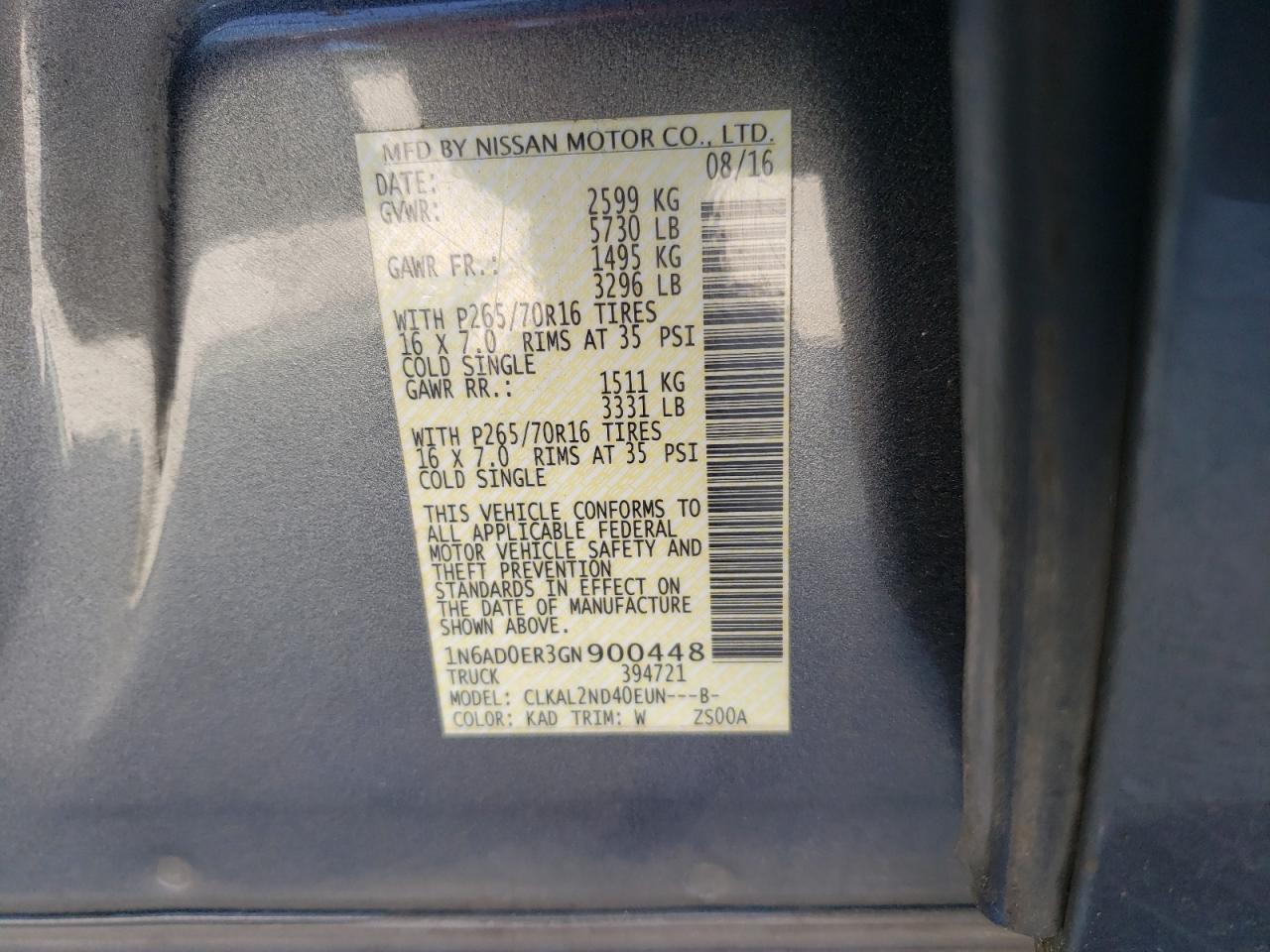 Photo 10 from auction – 2016 NISSAN FRONTIER S with VIN 1N6AD0ER3GN900448