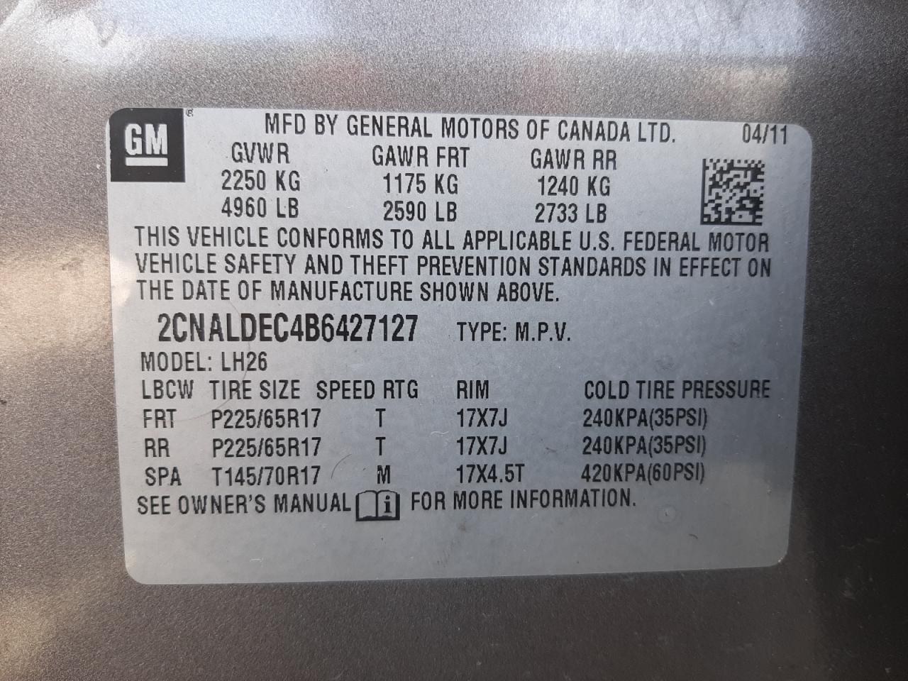 Photo 10 from auction – 2011 CHEVROLET EQUINOX LT with VIN 2CNALDEC4B6427127