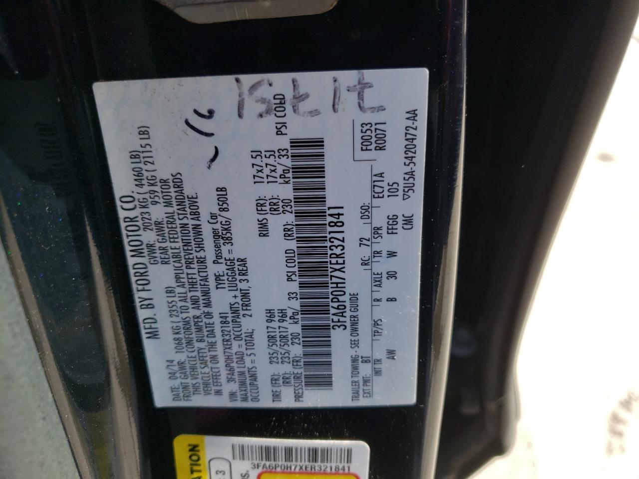 Photo 10 from auction – 2014 FORD FUSION SE with VIN 3FA6P0H7XER321841