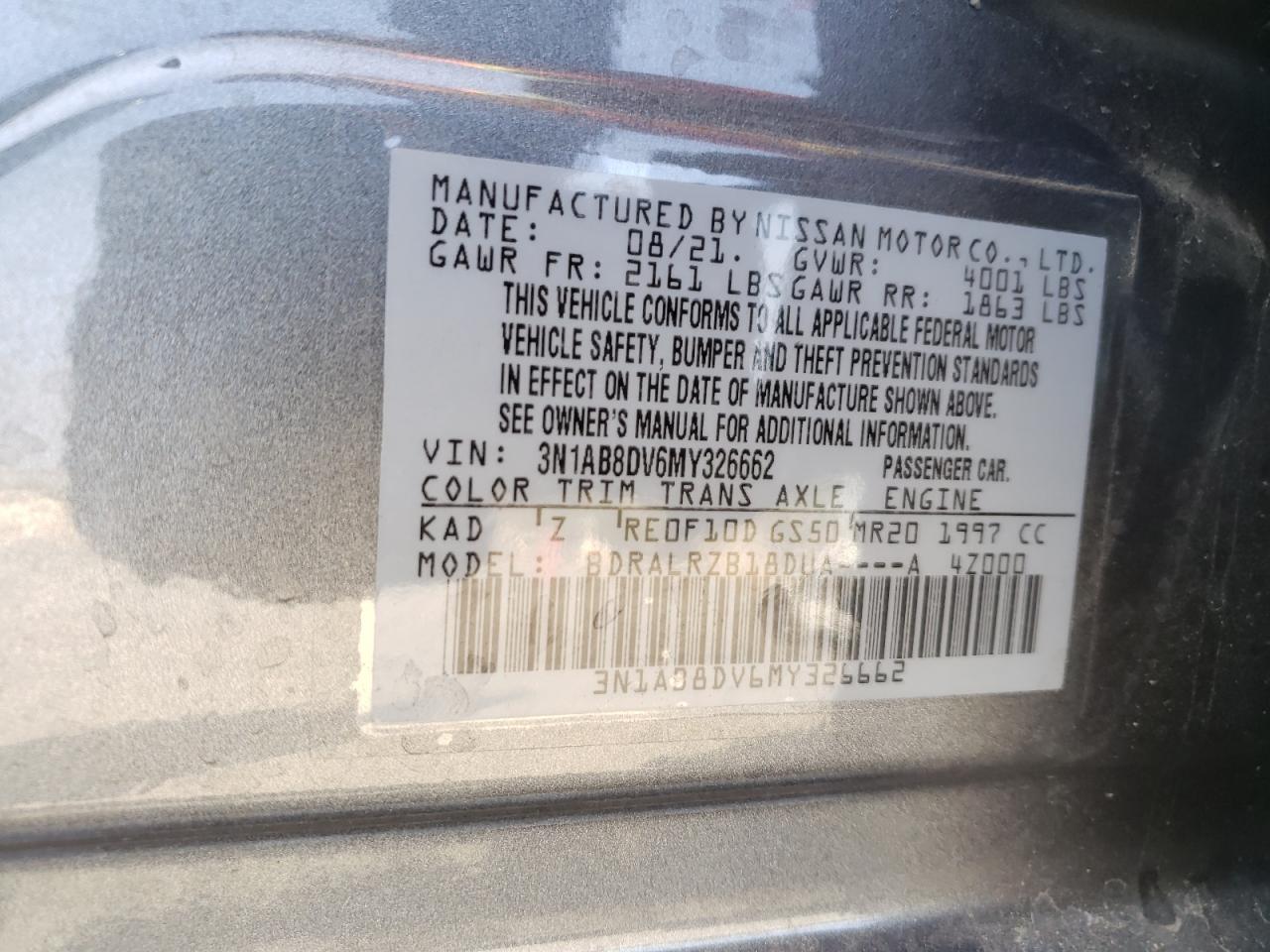 Photo 10 from auction – 2021 NISSAN SENTRA SR with VIN 3N1AB8DV6MY326662