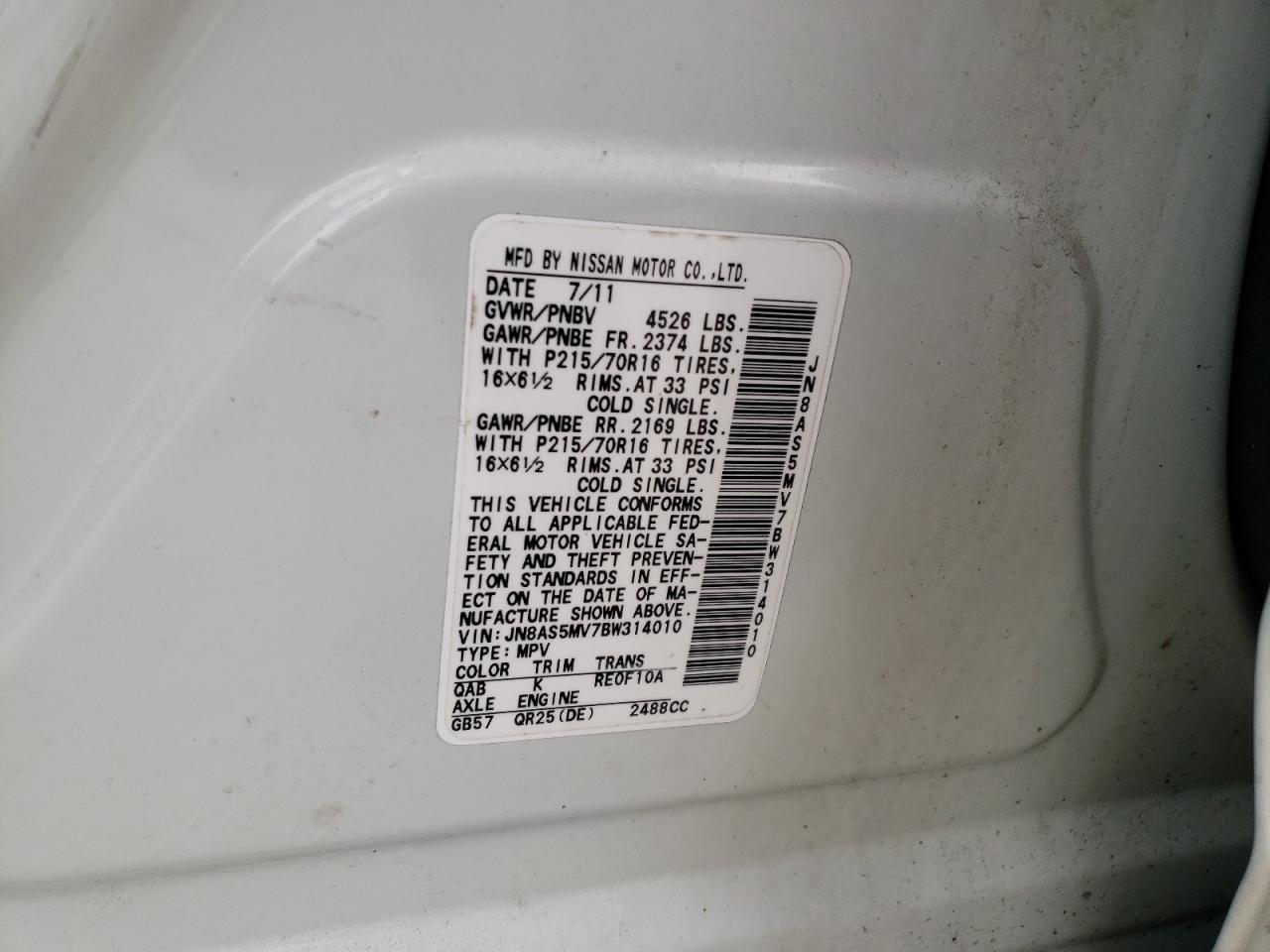 Photo 10 from auction – 2011 NISSAN ROGUE S with VIN JN8AS5MV7BW314010