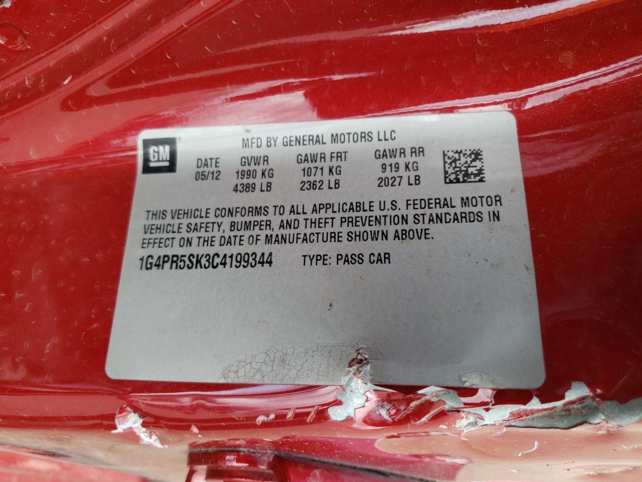 Photo 10 from auction – 2012 BUICK VERANO CON with VIN 1G4PR5SK3C4199344