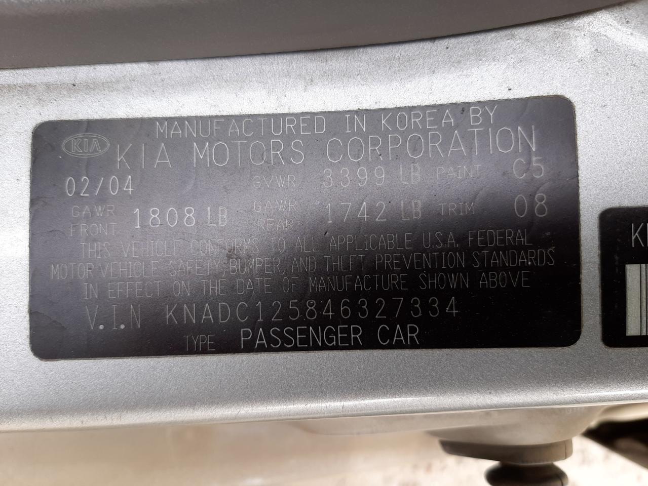 Photo 10 from auction – 2004 KIA RIO with VIN KNADC125846327334